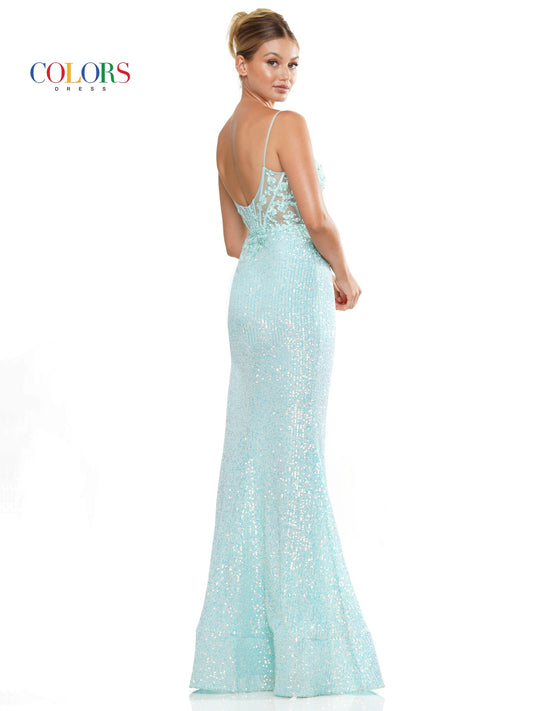 Colors 3106 Long Spaghetti Strap Fitted Prom Dress