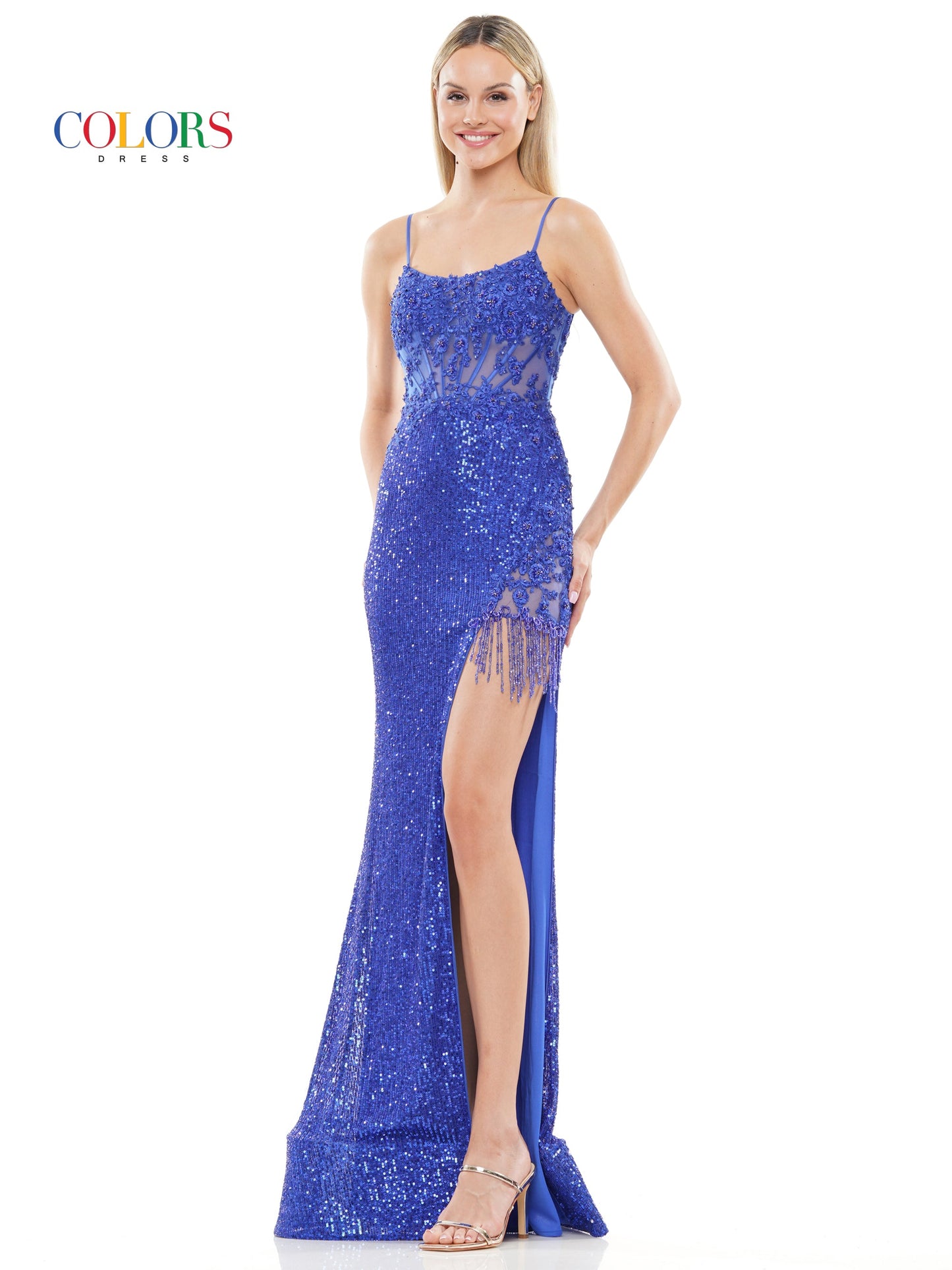 Colors 3106 Long Spaghetti Strap Fitted Prom Dress