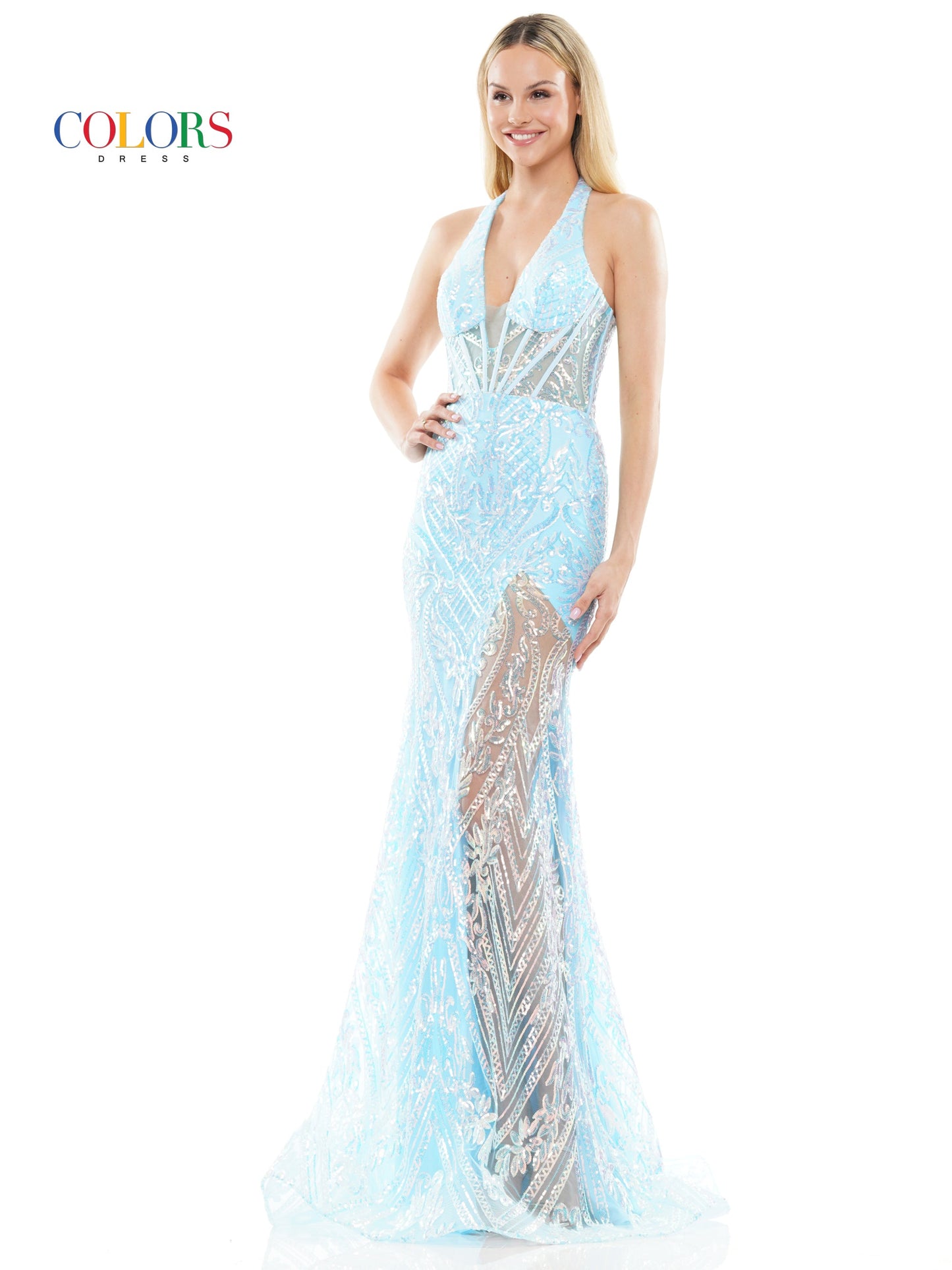 Colors 3114 Long Formal Halter Fitted Prom Dress
