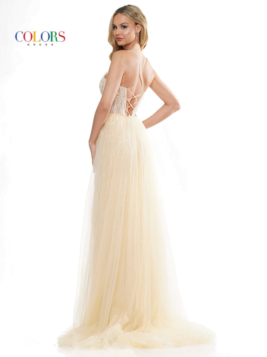Colors 3119 Long Formal Beaded mesh Overskirt Prom Dress