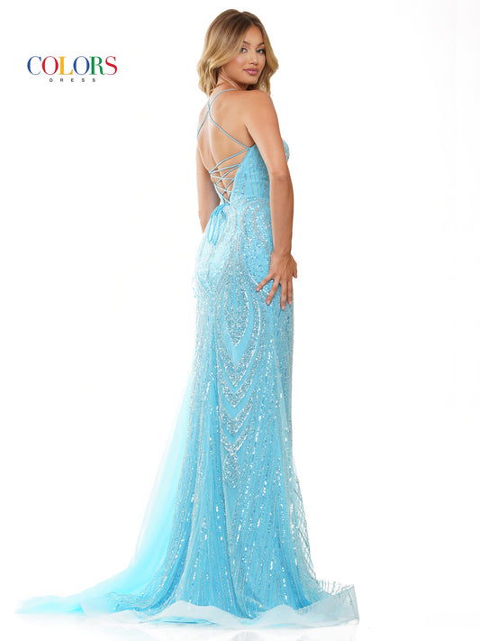 Colors 3121 Long Formal Fitted Beaded Mesh Prom Dress