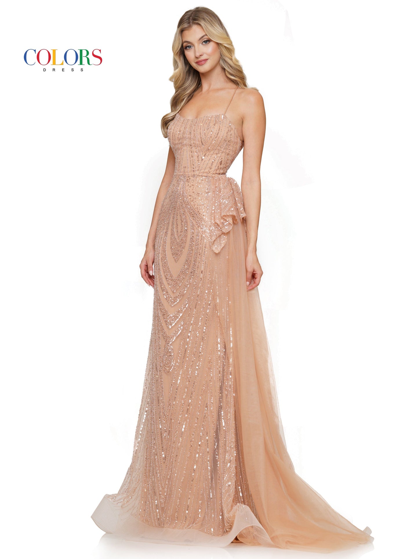 Colors 3121 Long Formal Fitted Beaded Mesh Prom Dress