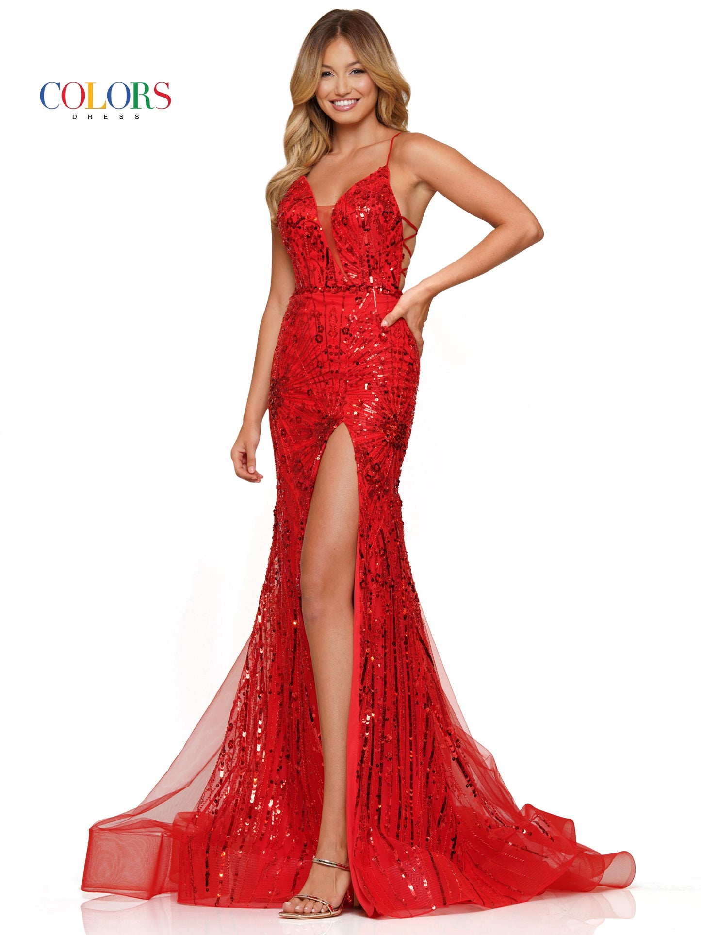 Colors 3123 Long Formal Slit Spaghetti Strap Prom Dress