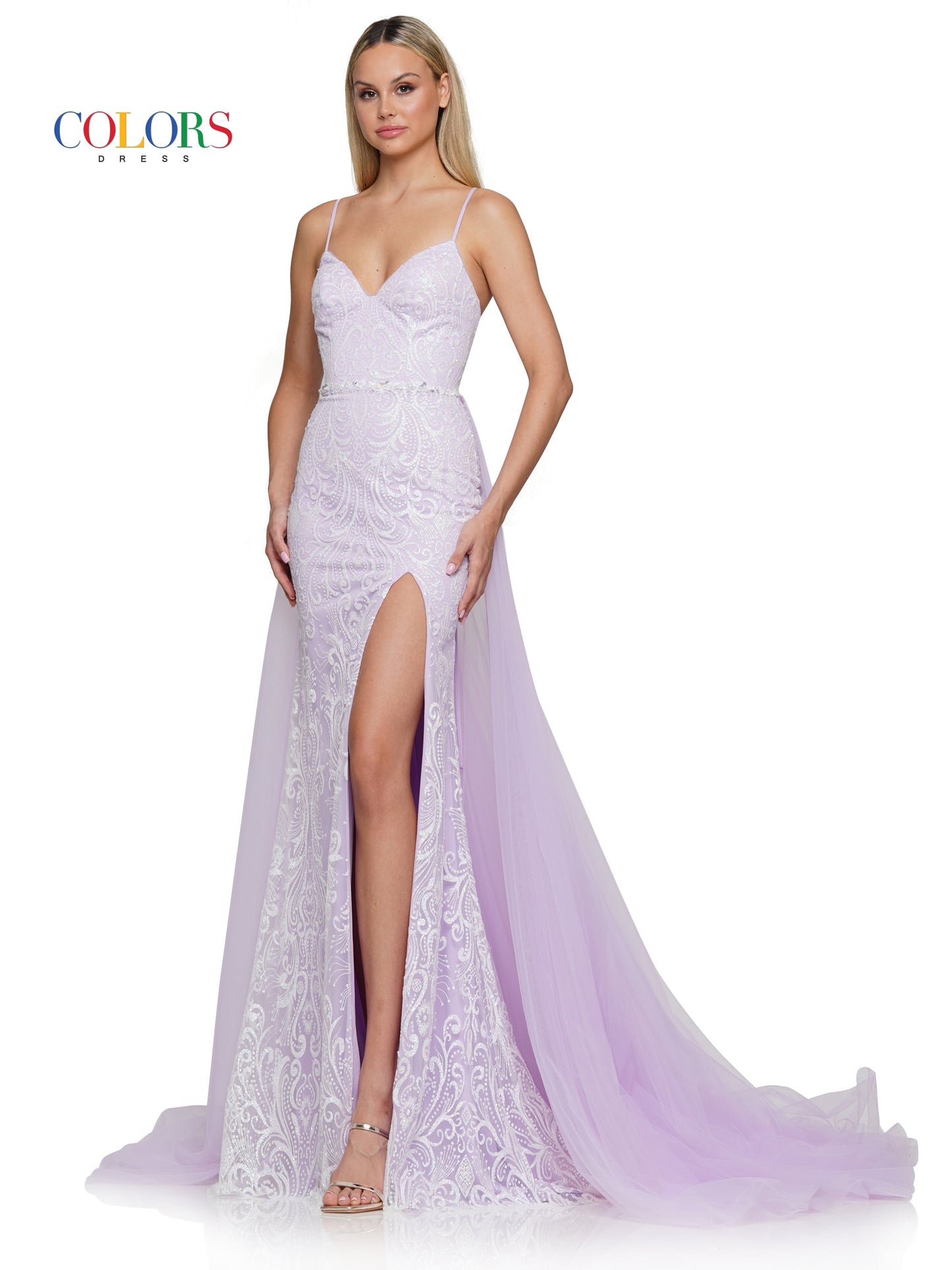 Colors 3140 Long Formal Glitter Mesh Prom Dress