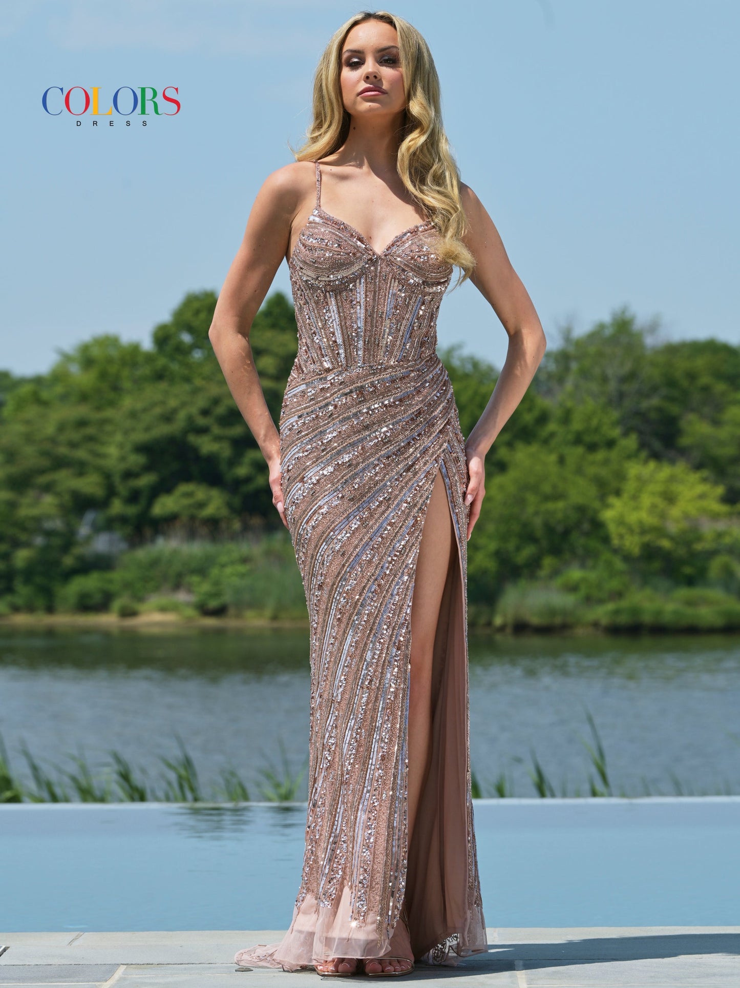 Colors 3150 Long Spaghetti Strap Formal Fitted Prom Dress