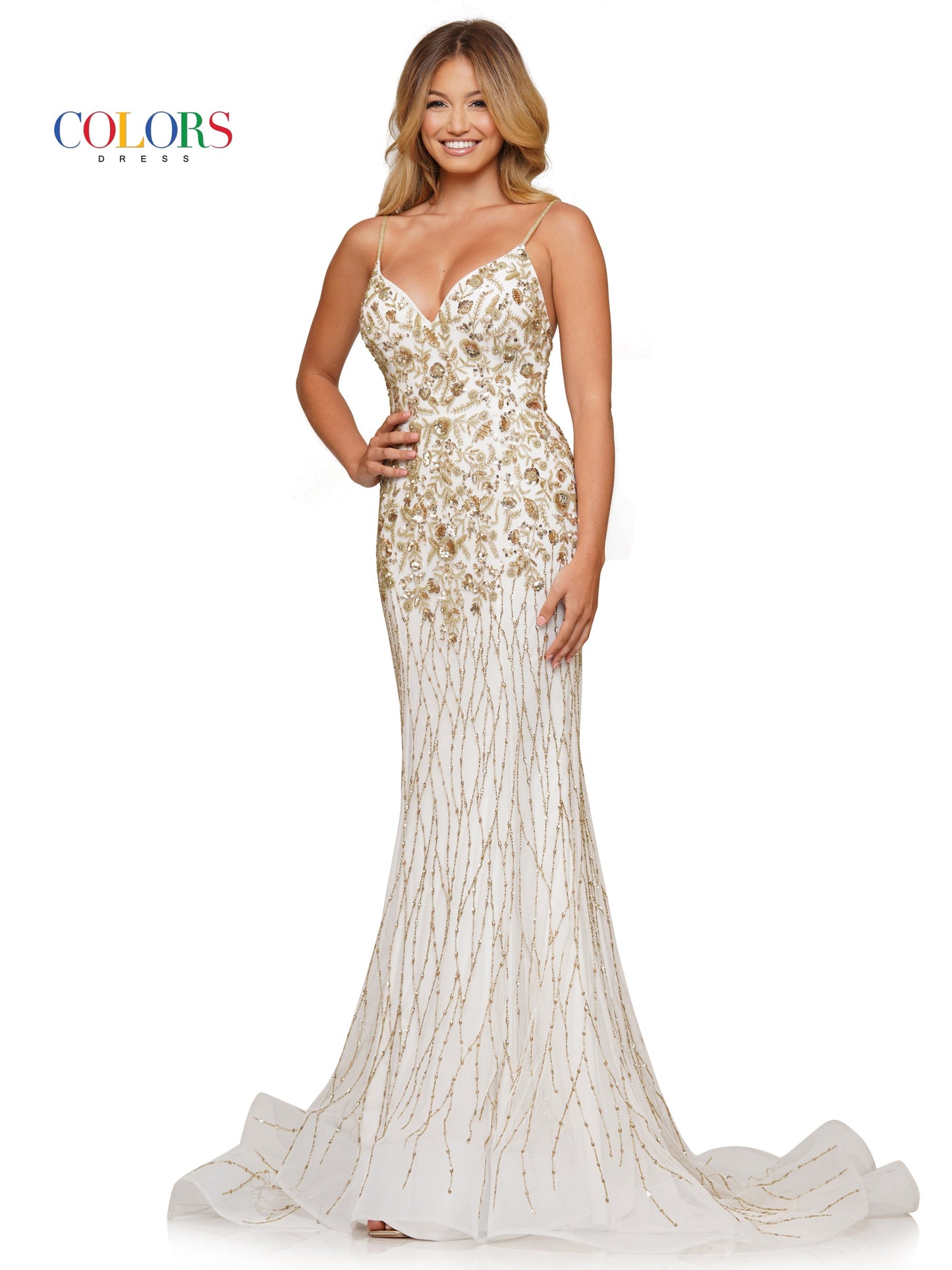 Colors 3152 Long Fitted Formal Beaded Mesh Prom Dress