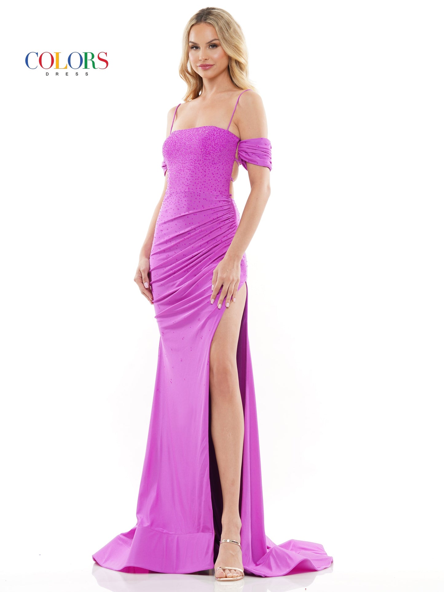 Colors 3158 Long Off Shoulder Formal Fitted Satin Prom Dress