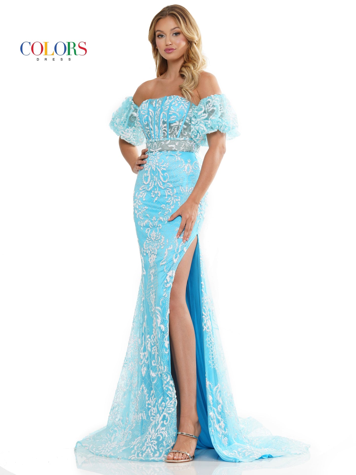 Colors 3160 Long Off Shoulder Glitter Mesh Prom Dress