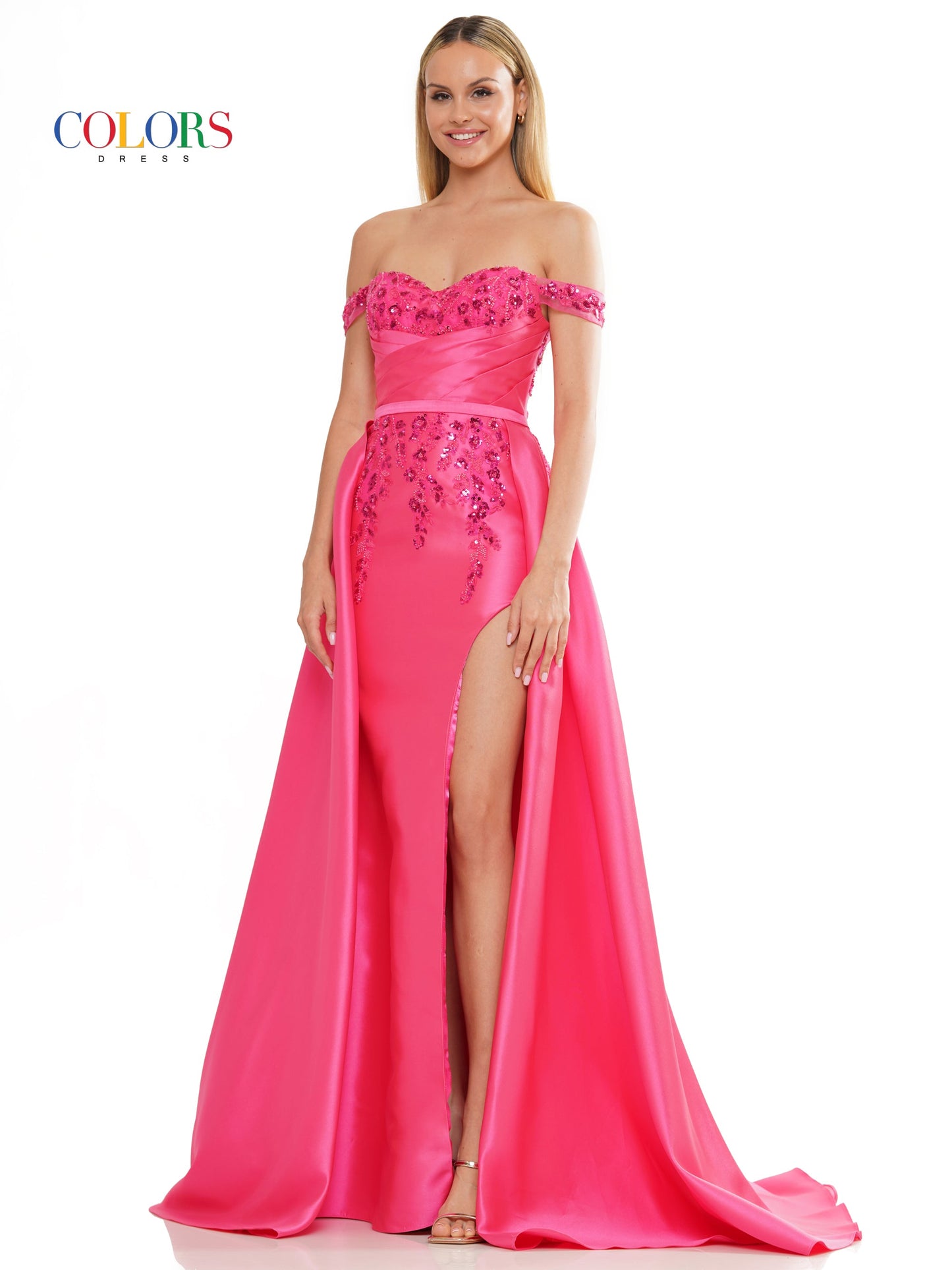 Colors 3177 Long Off Shoulder Satin Overskirt Prom Dress