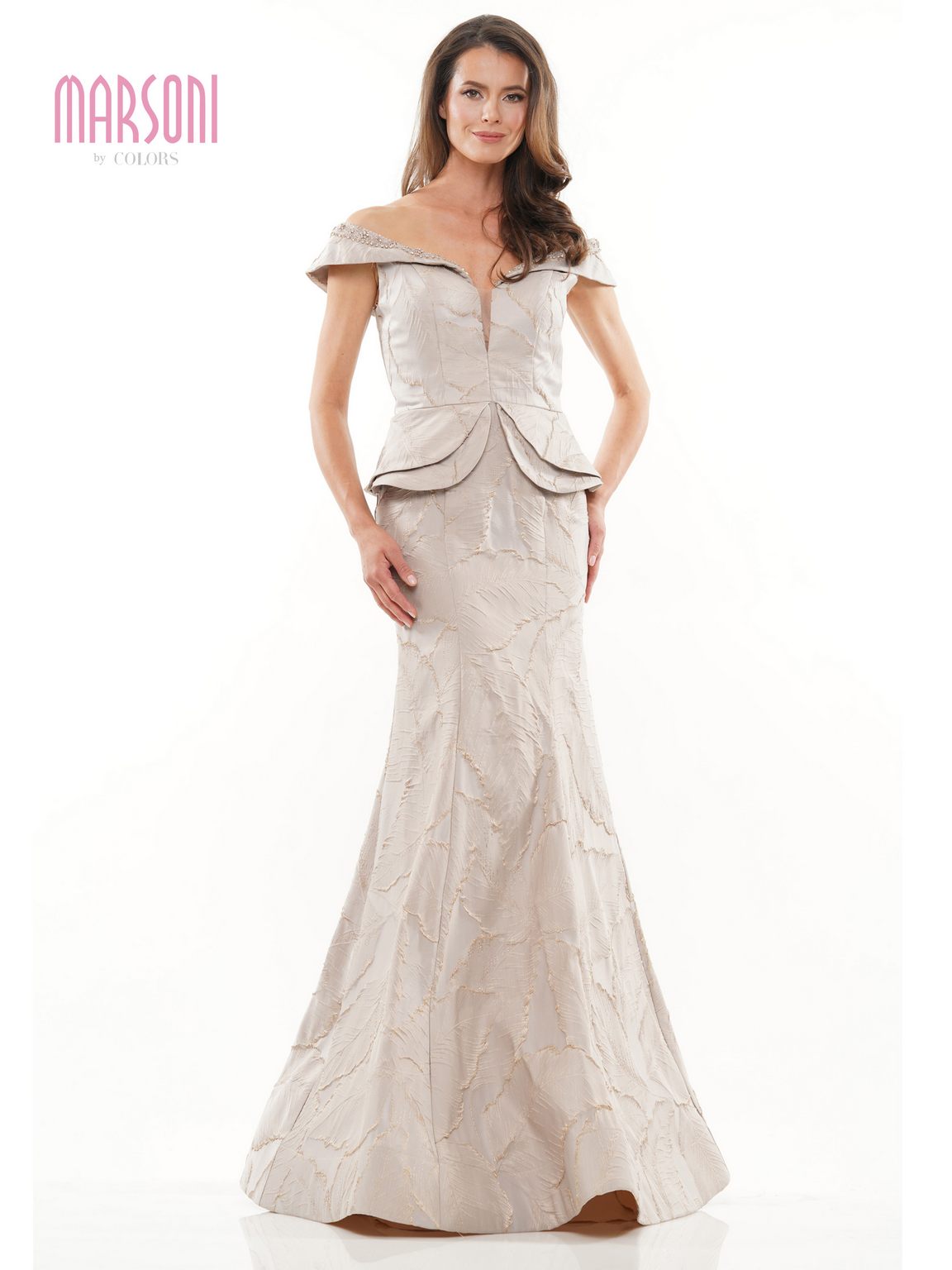 Marsoni MV1252 Long Off Shoulder Peplum Formal Dress