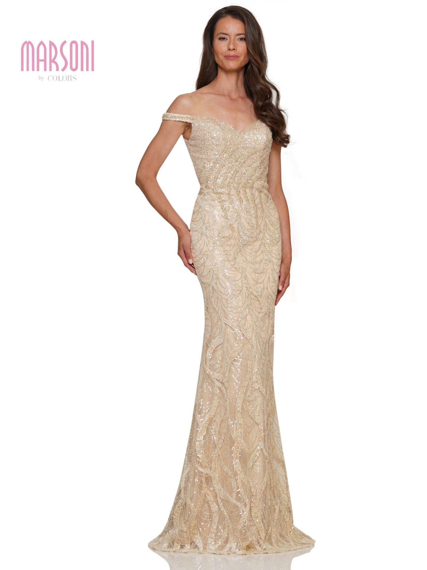 Marsoni MV1257 Long Beaded Off Shoulder Formal Dress