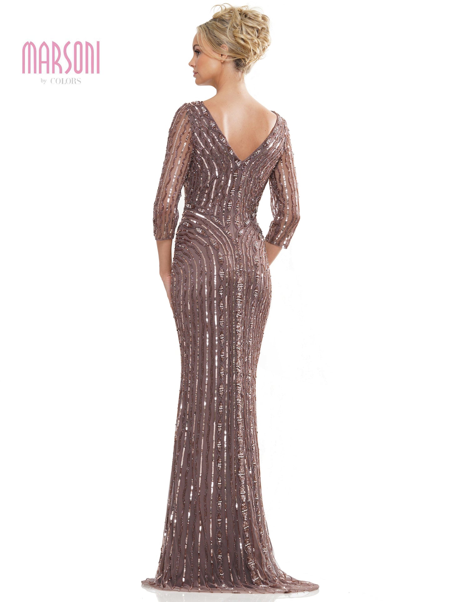Marsoni MV1260 Mother of the Bride Long Beaded Mesh Quarter Sleeve Dress