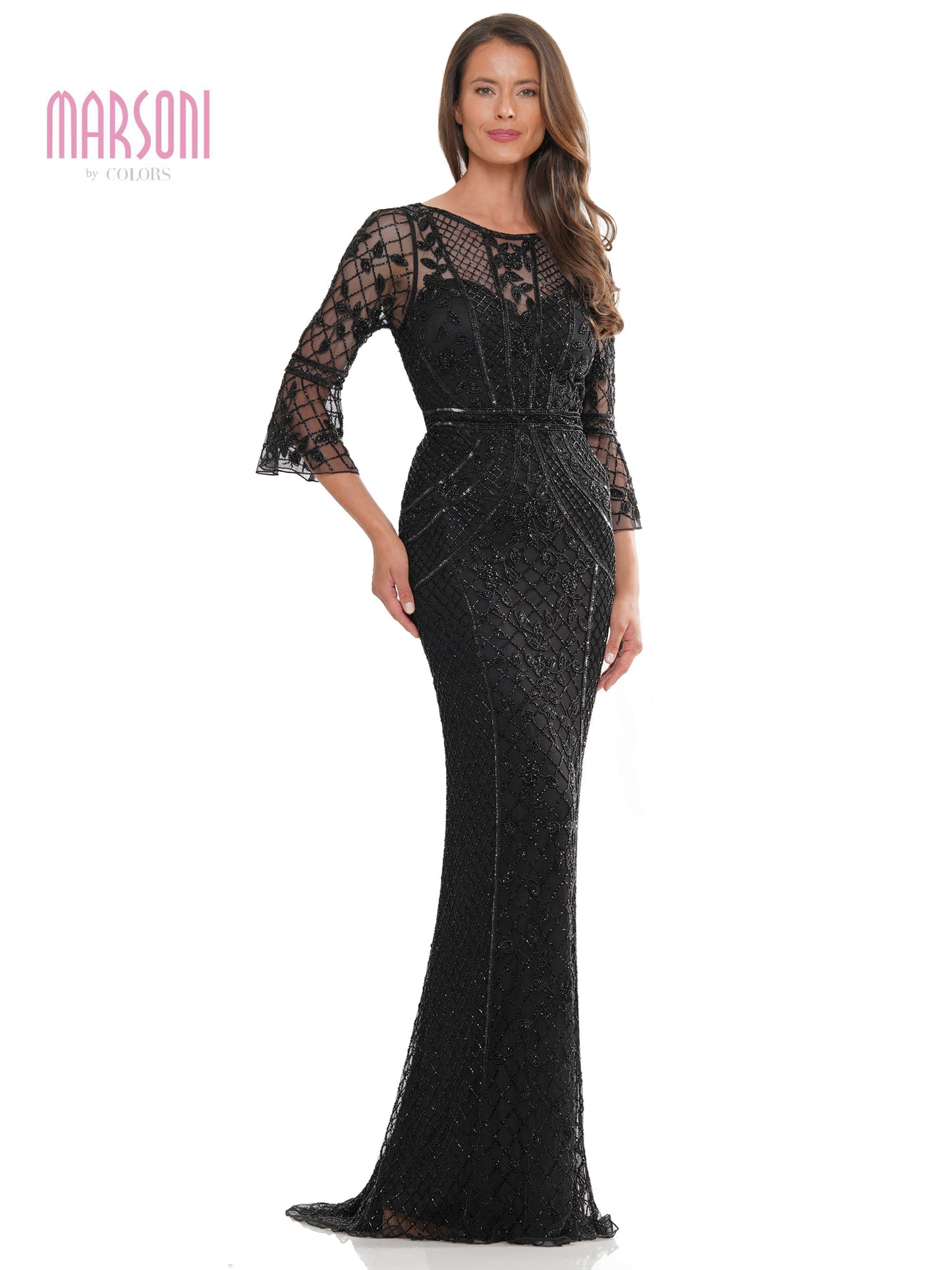 Marsoni MV1263 Mother of the Bride Quarter Sleeve Beaded Mesh Dress