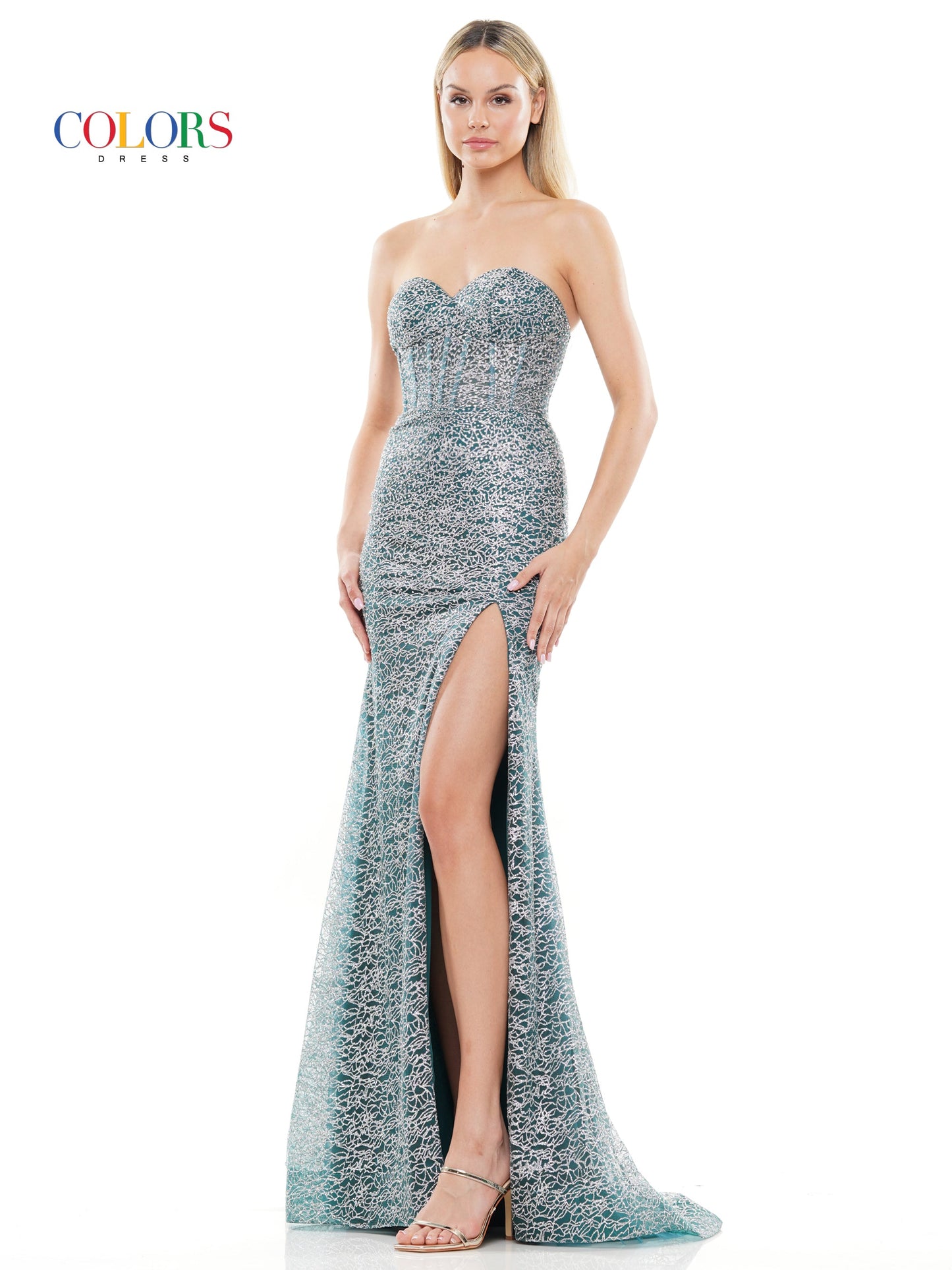 Colors 3103 Long Strapless Glitter Prom Dress