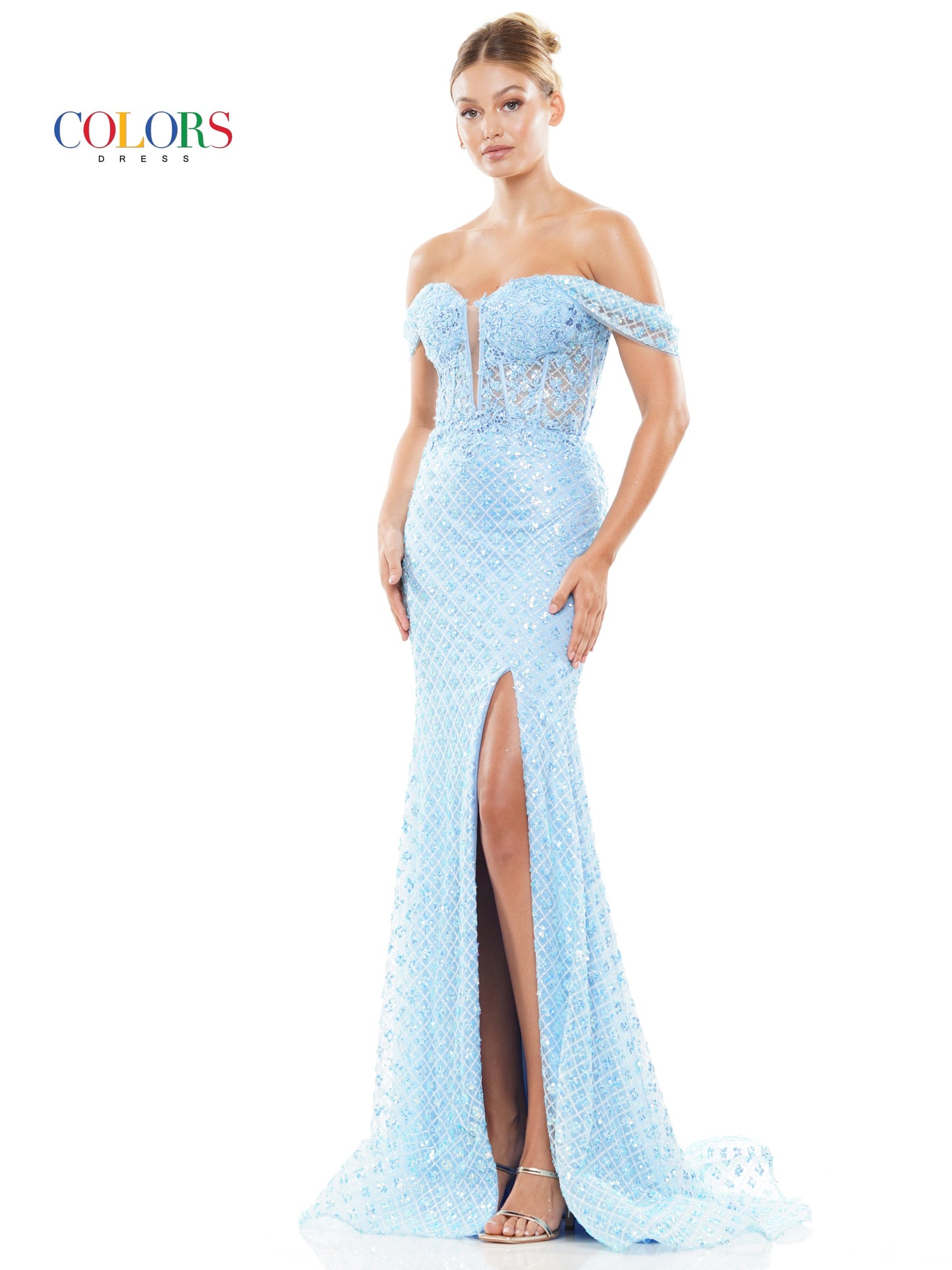 Colors 3105 Long Off Shoulder Glitter Mesh Prom Dress