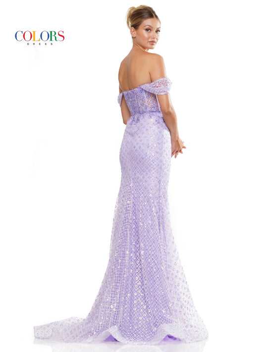 Colors 3105 Long Off Shoulder Glitter Mesh Prom Dress