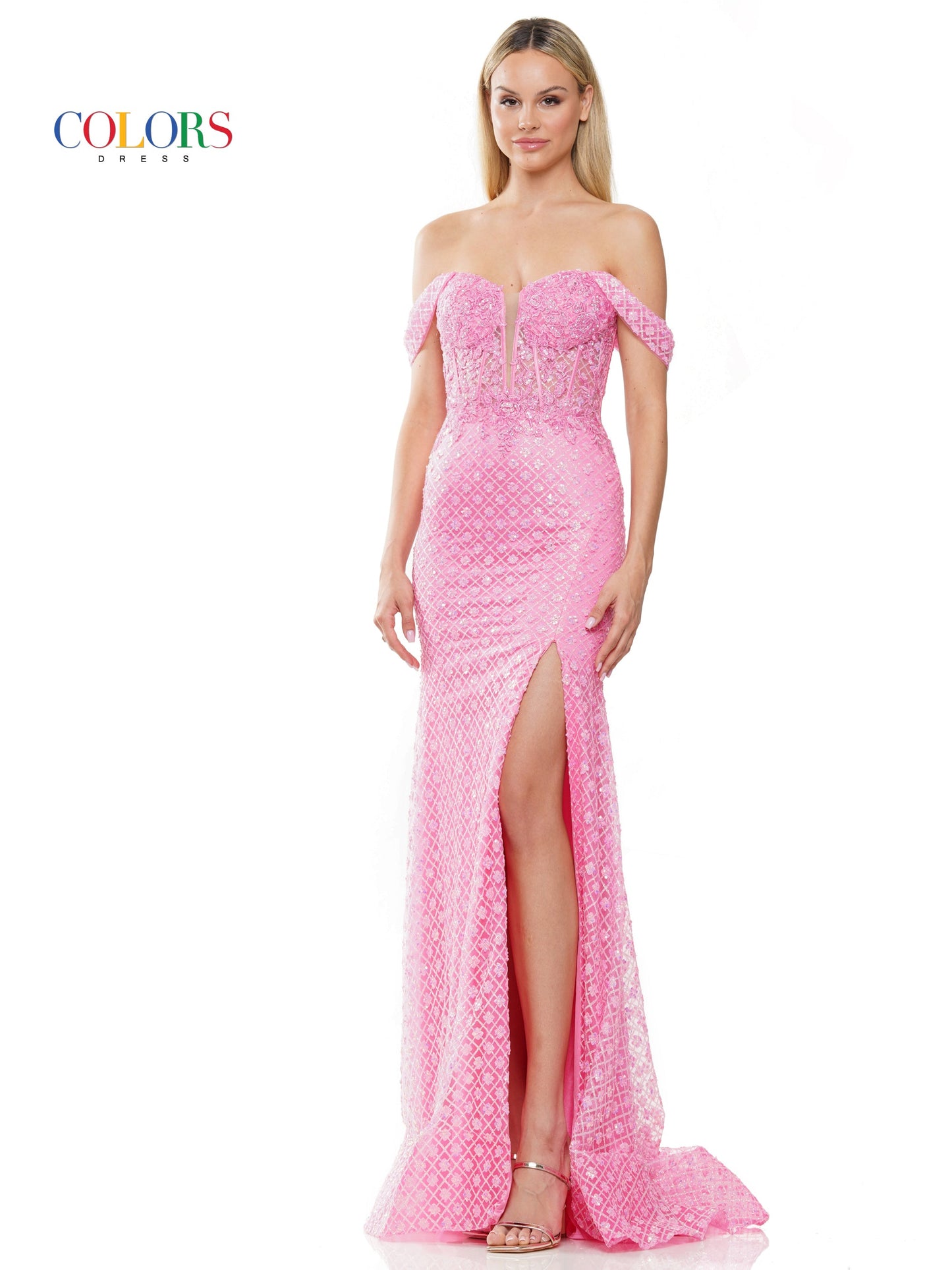 Colors 3105 Long Off Shoulder Glitter Mesh Prom Dress
