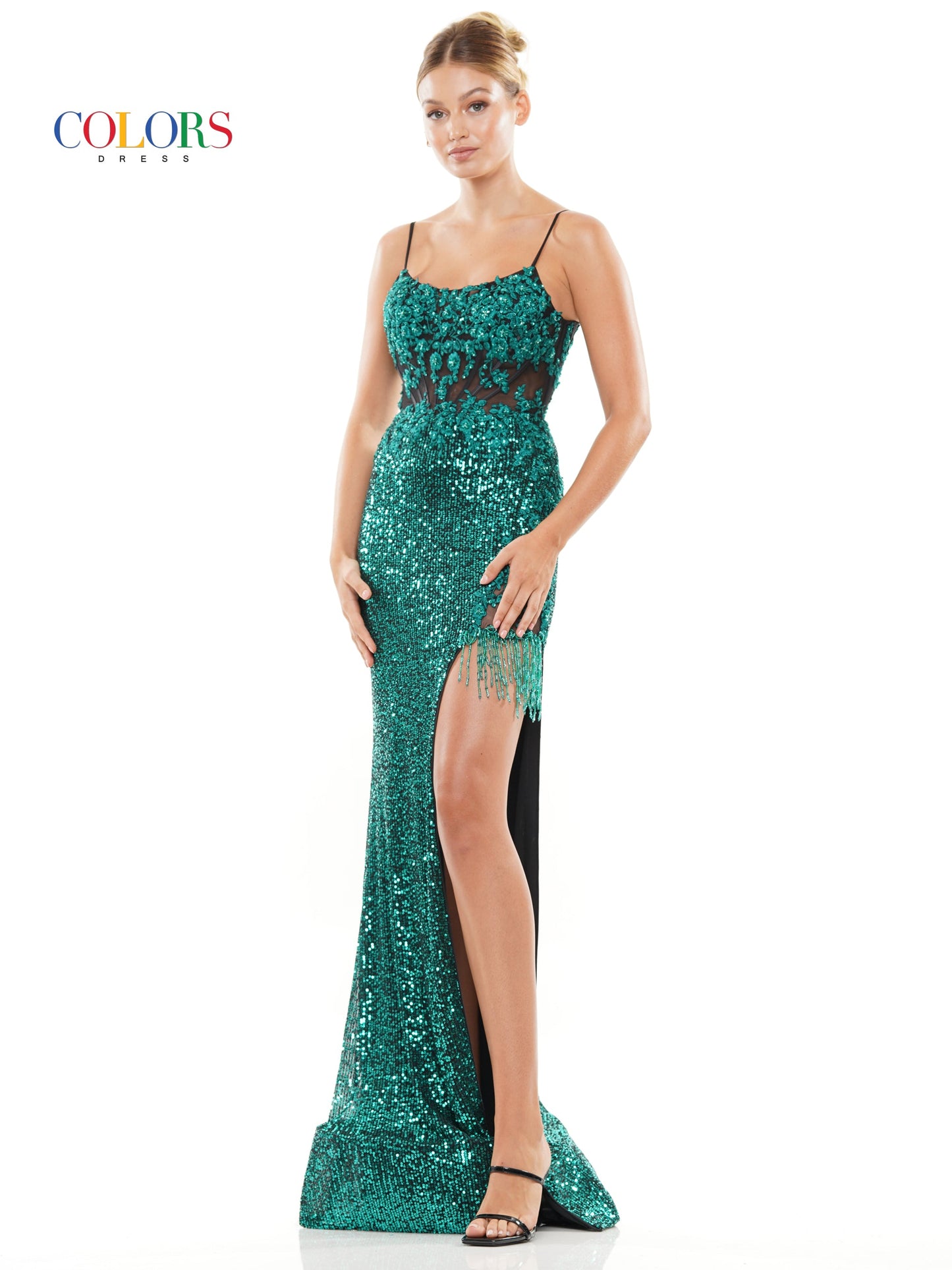 Colors 3106 Long Spaghetti Strap Fitted Prom Dress