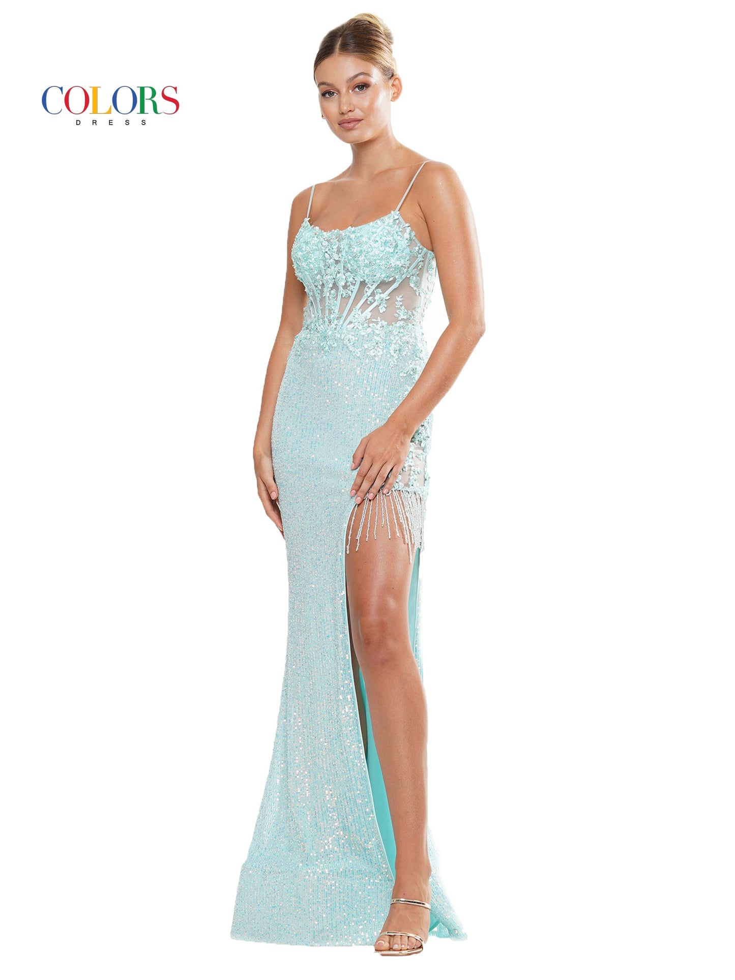 Colors 3106 Long Spaghetti Strap Fitted Prom Dress
