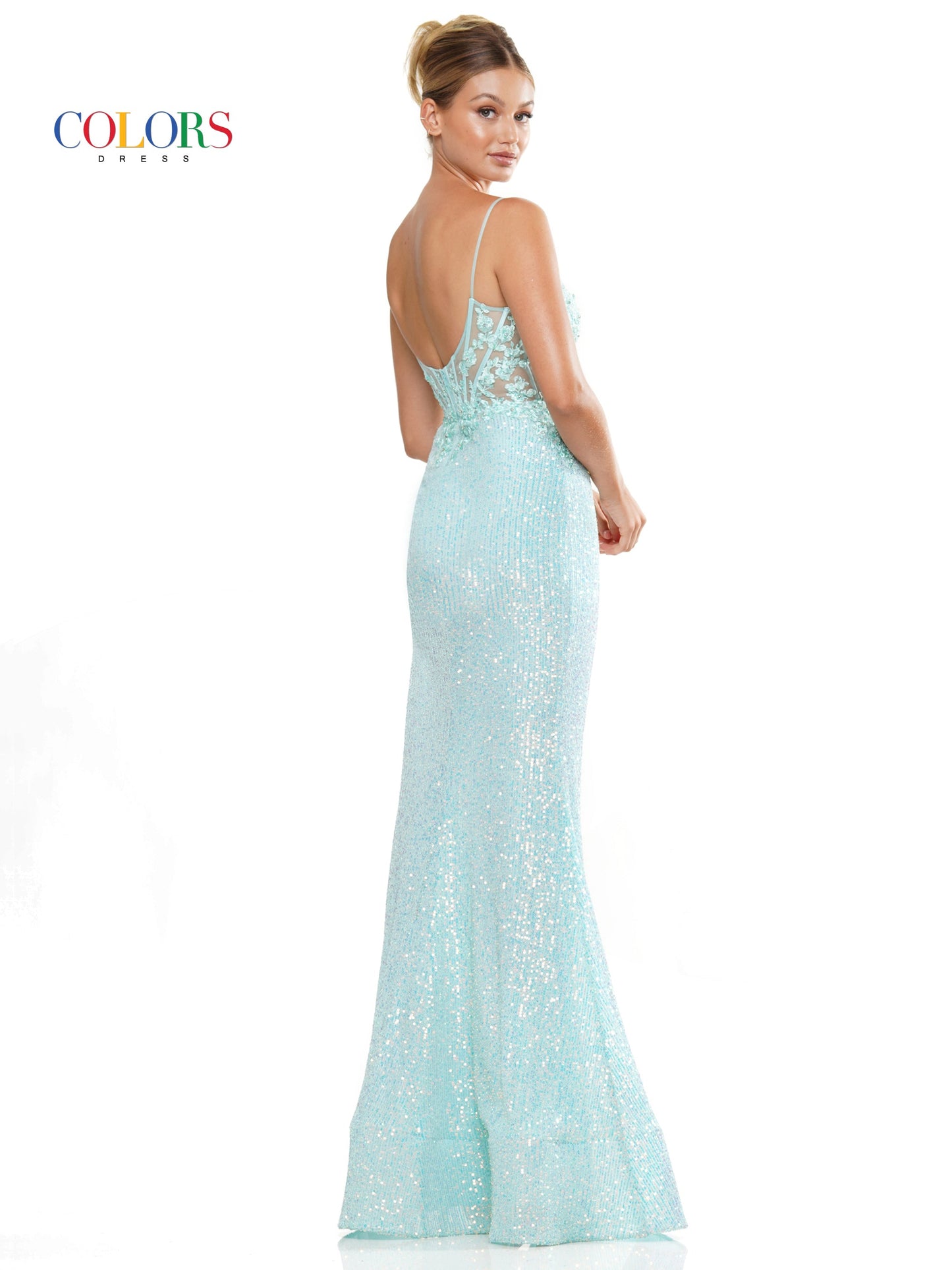 Colors 3106 Long Spaghetti Strap Fitted Prom Dress