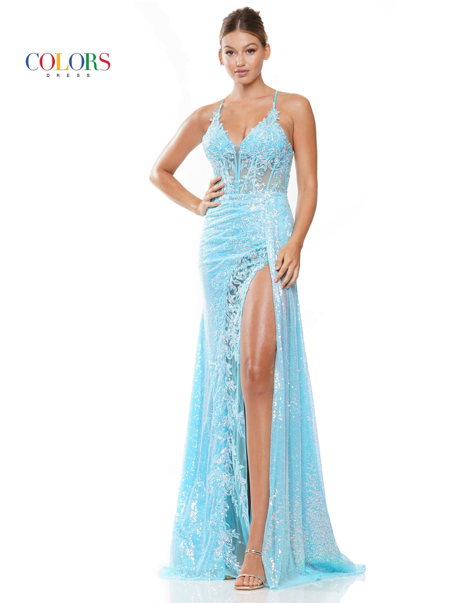 Colors 3110 Long Spaghetti Strap Fitted Prom Dress