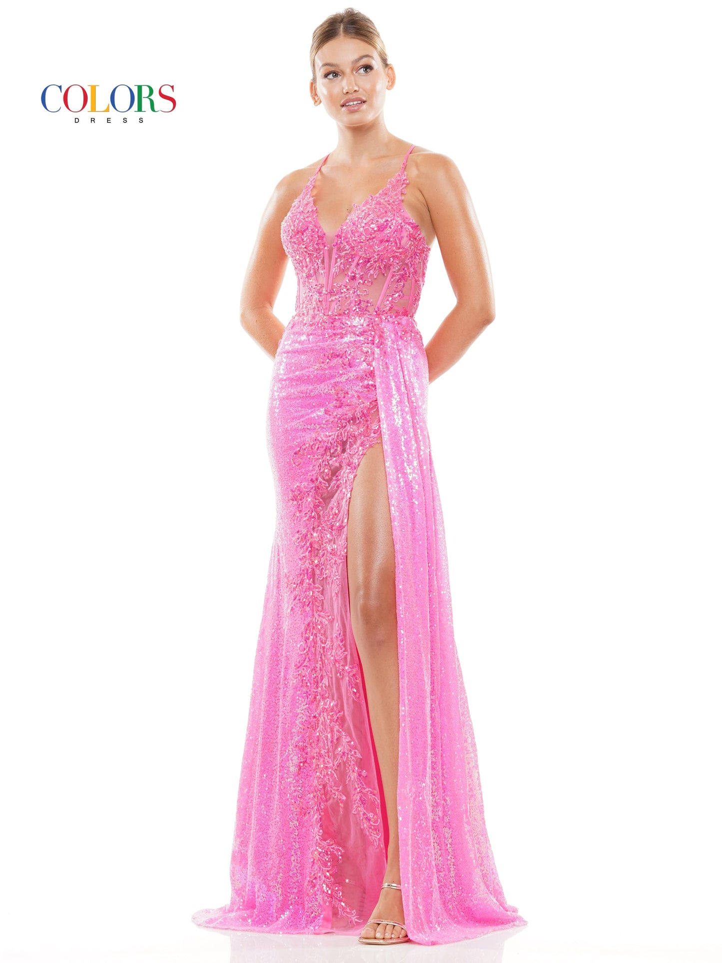 Colors 3110 Long Spaghetti Strap Fitted Prom Dress