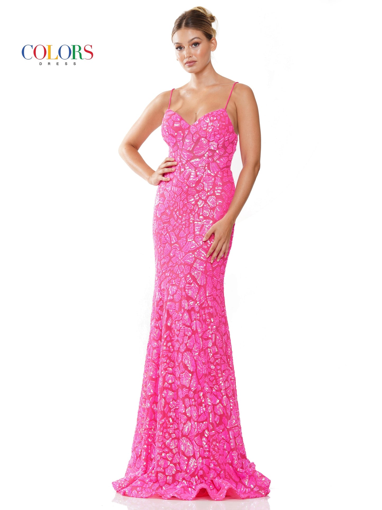 Colors 3113 Long Fitted Spaghetti Strap Sequin Prom Dress