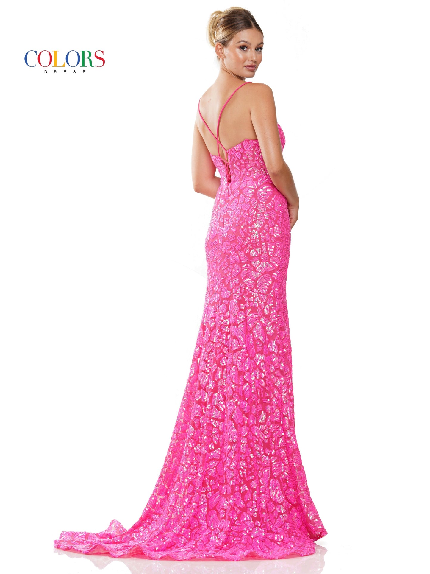 Colors 3113 Long Fitted Spaghetti Strap Sequin Prom Dress