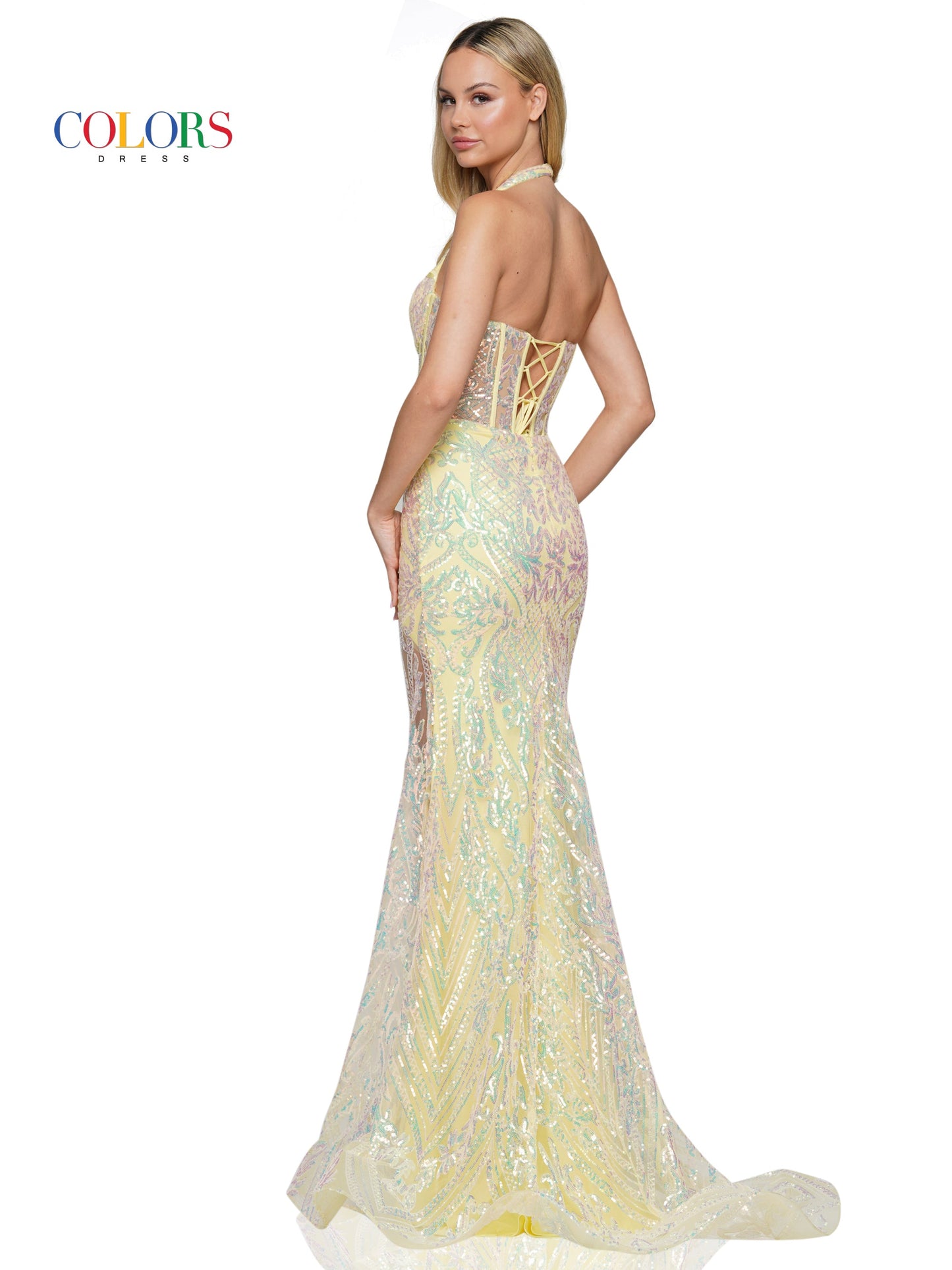 Colors 3114 Long Formal Halter Fitted Prom Dress