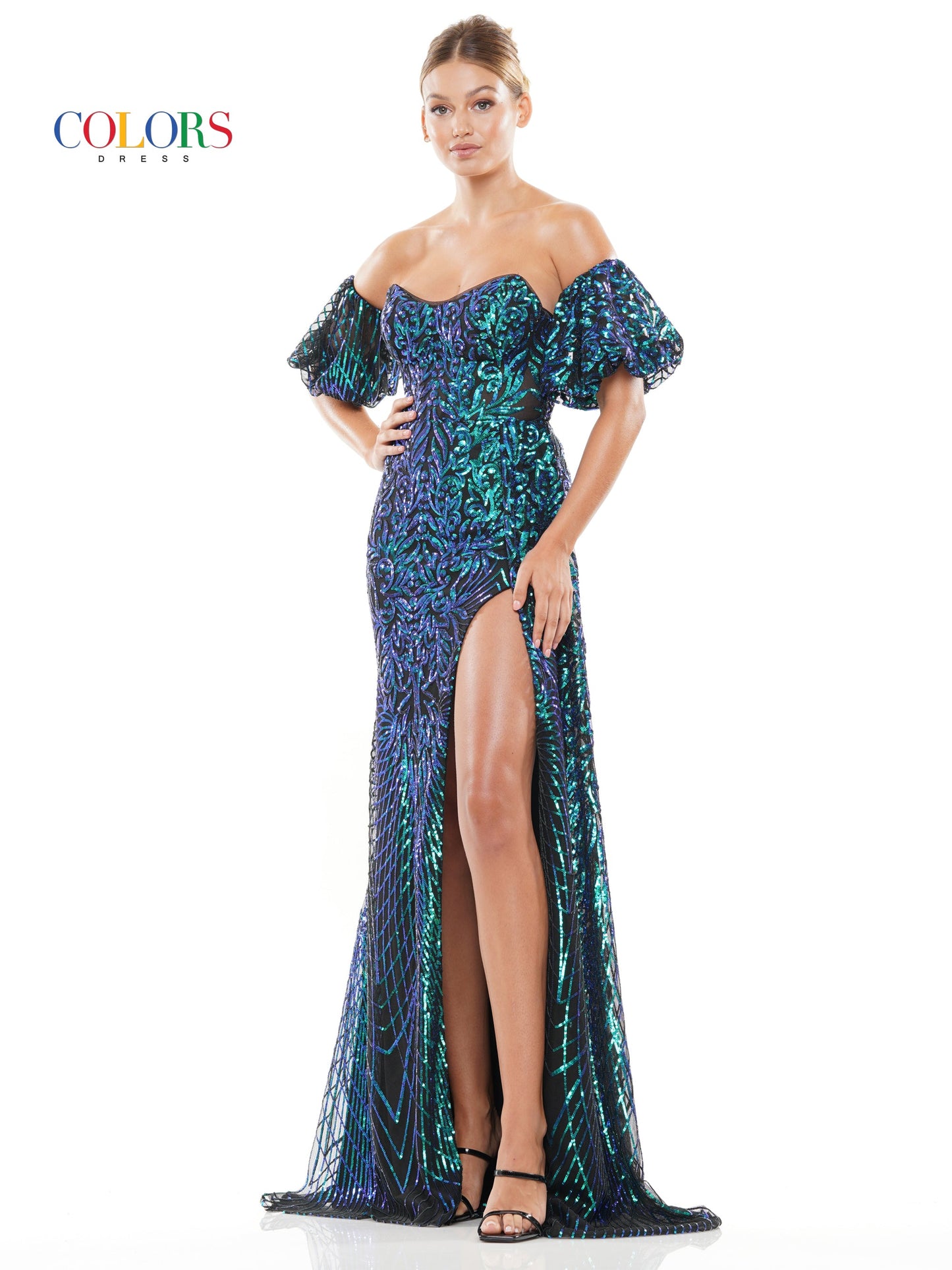 Colors 3115 Long Off Shoulder Formal Sequin Prom Dress