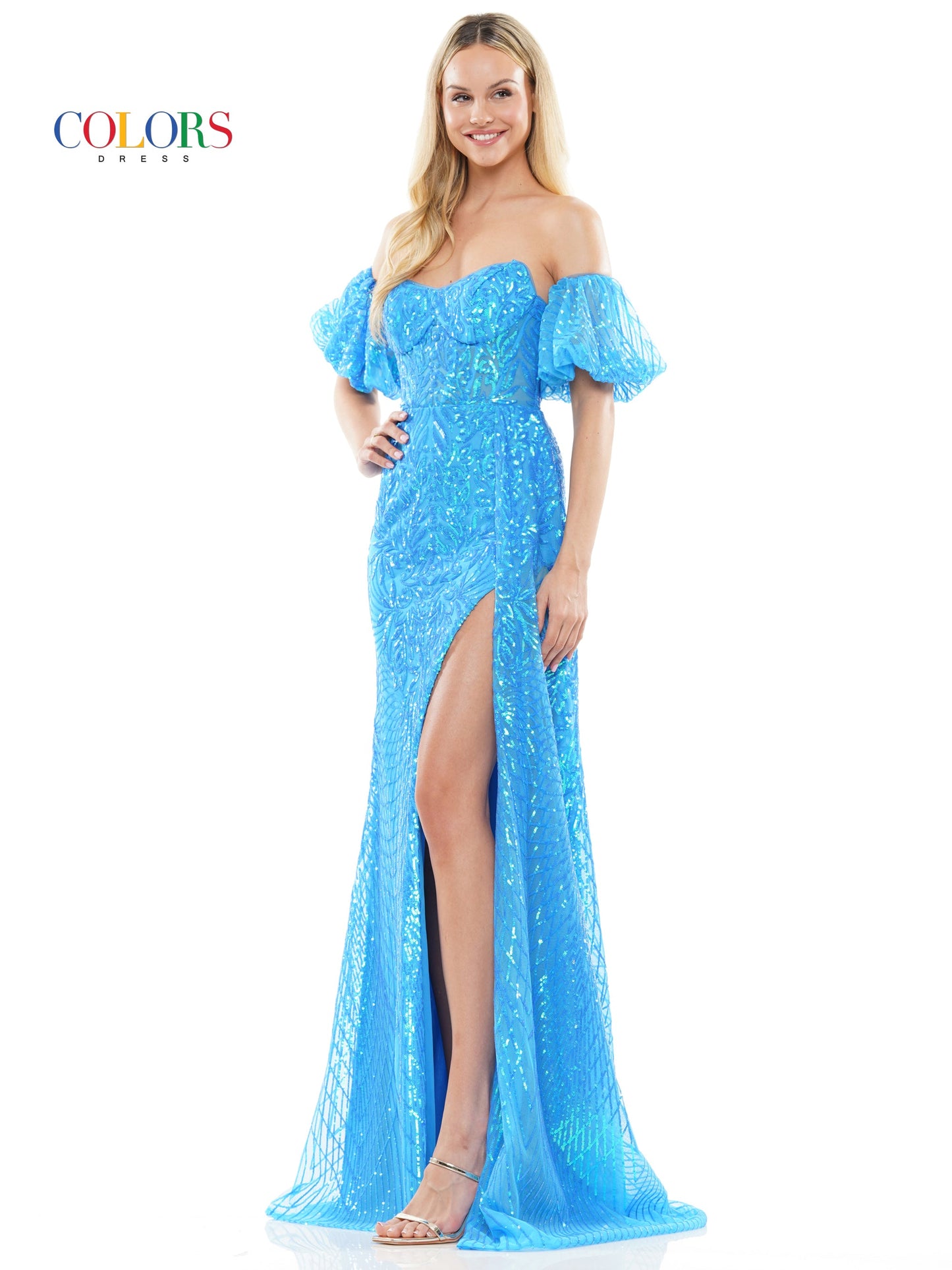 Colors 3115 Long Off Shoulder Formal Sequin Prom Dress