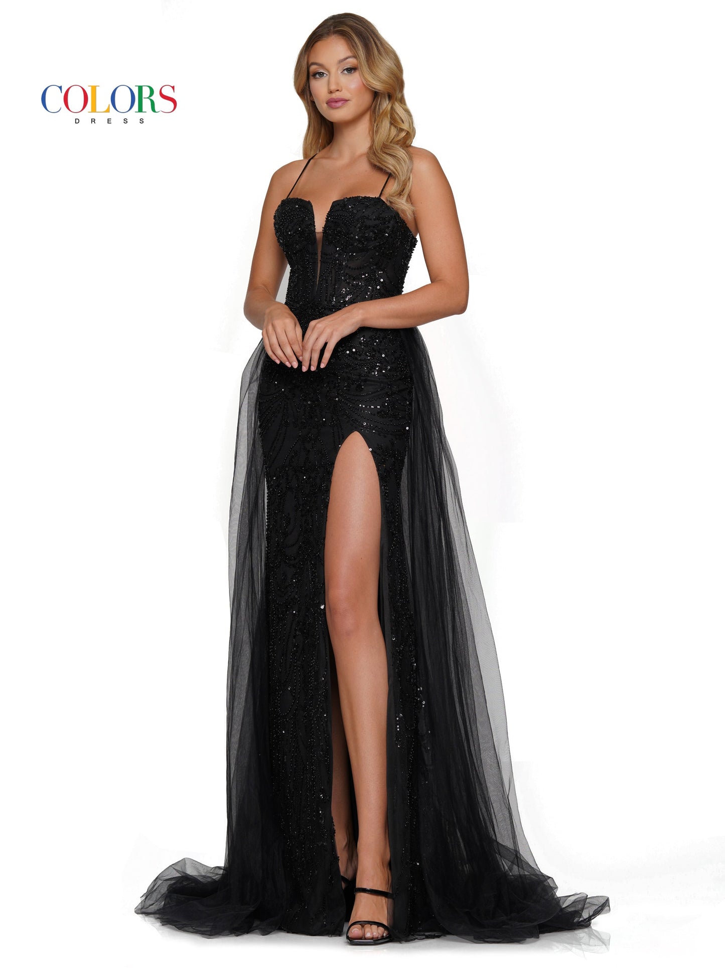 Colors 3119 Long Formal Beaded mesh Overskirt Prom Dress