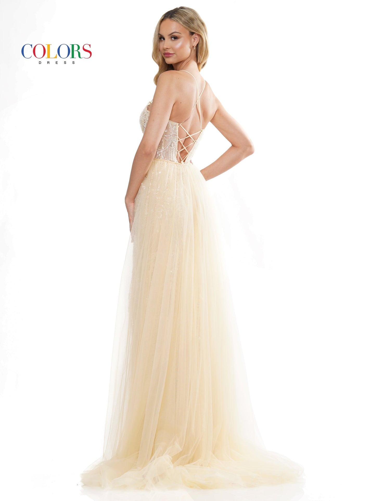 Colors 3119 Long Formal Beaded mesh Overskirt Prom Dress