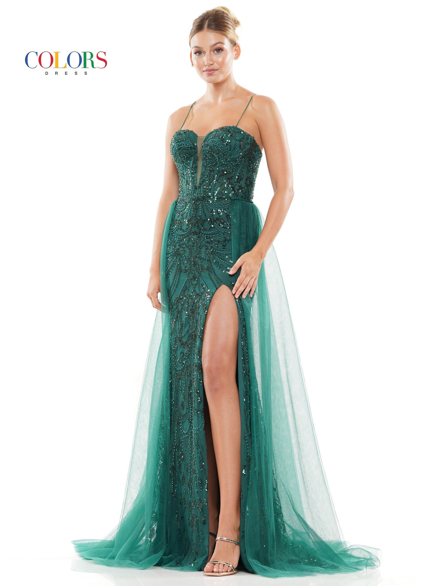Colors 3119 Long Formal Beaded mesh Overskirt Prom Dress