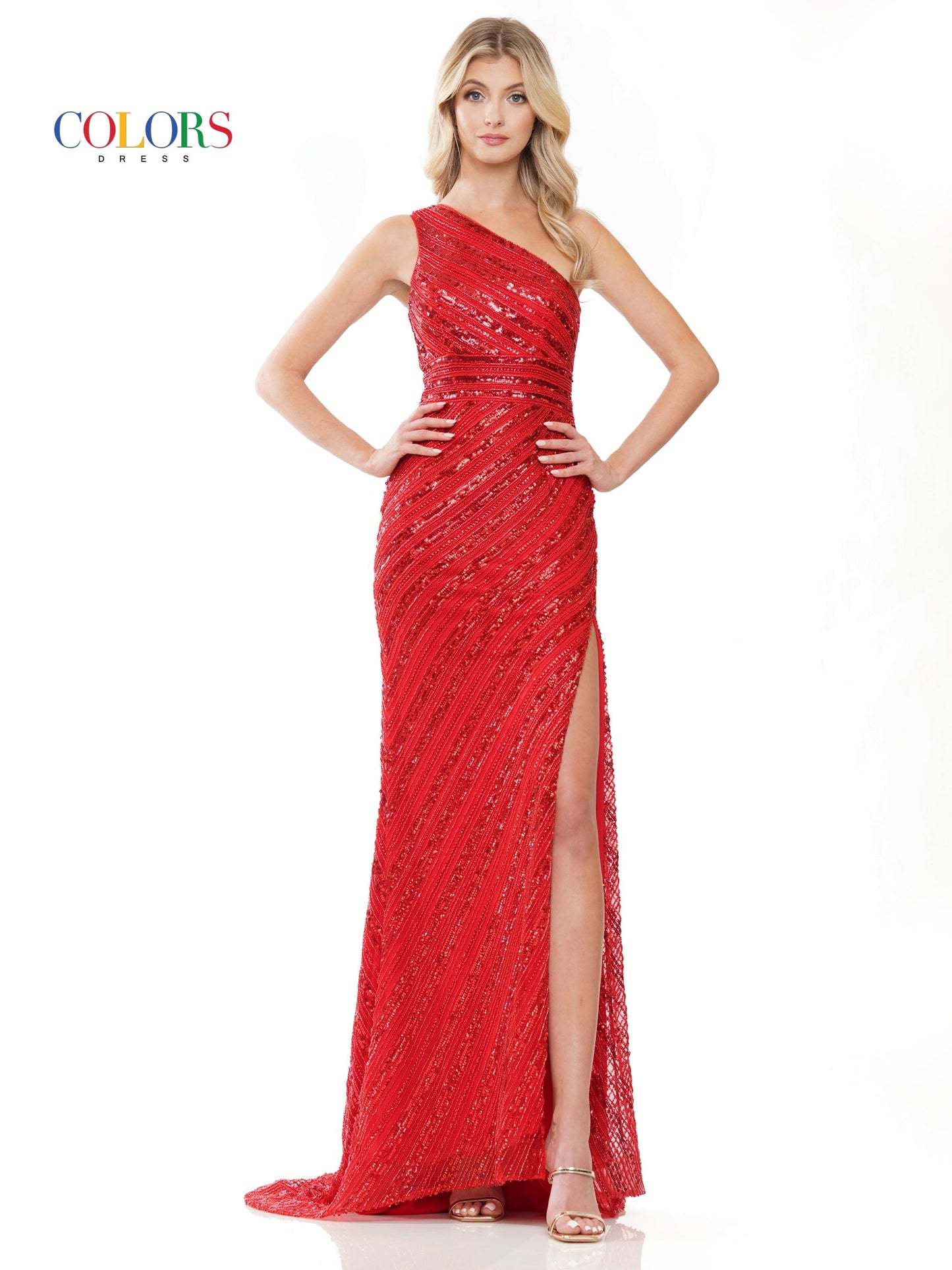Colors 3120 Long One Shoulder Fitted Prom Formal Dress