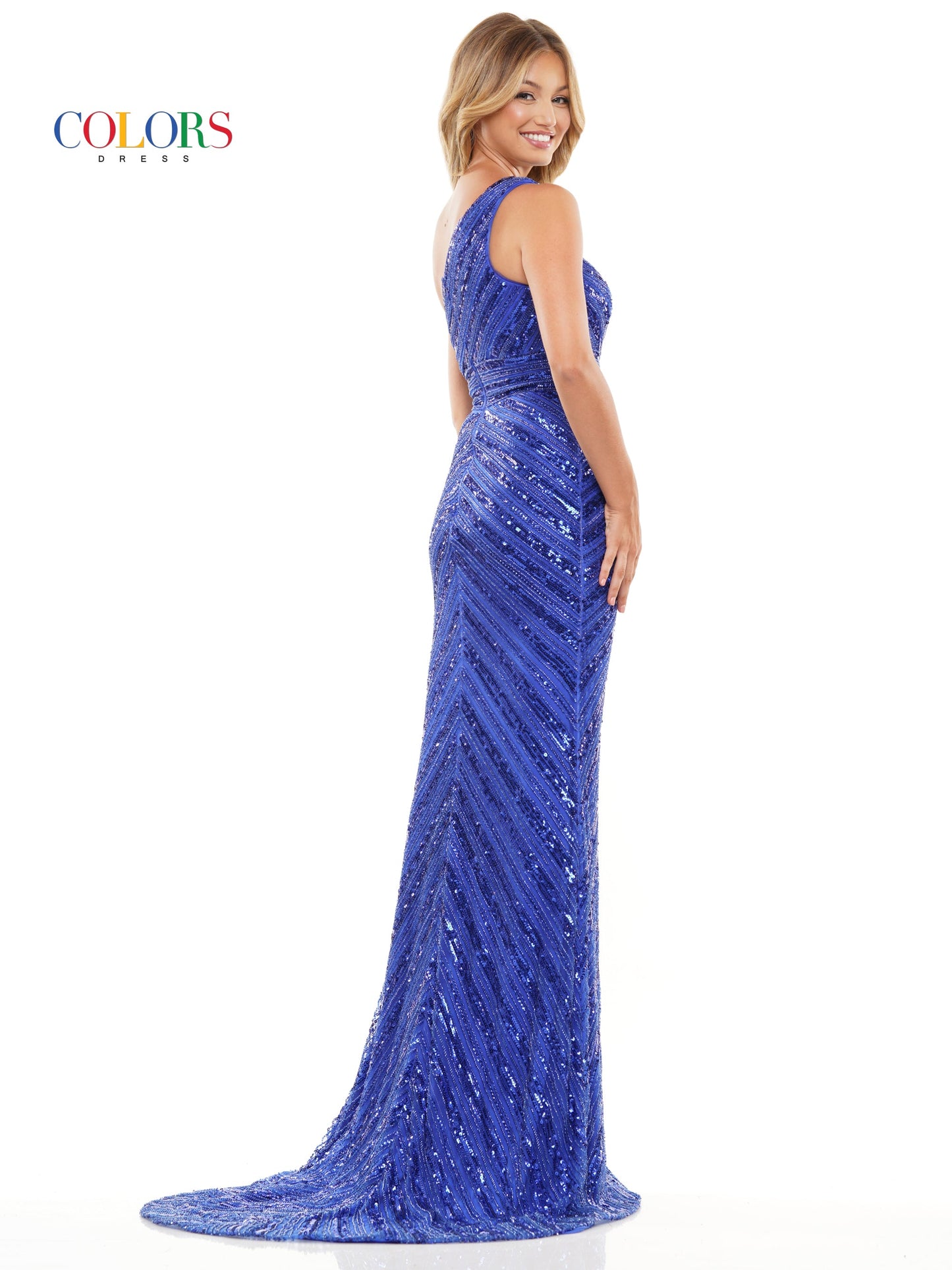Colors 3120 Long One Shoulder Fitted Prom Formal Dress
