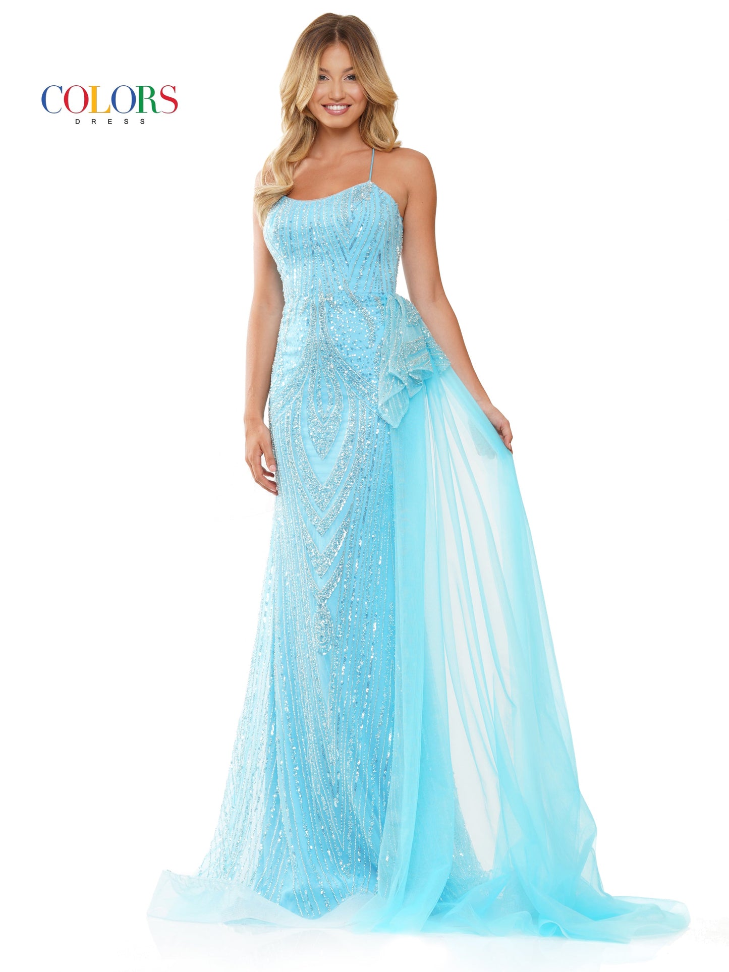 Colors 3121 Long Formal Fitted Beaded Mesh Prom Dress