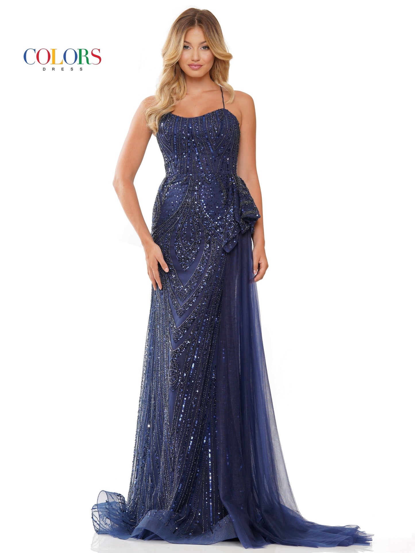 Colors 3121 Long Formal Fitted Beaded Mesh Prom Dress