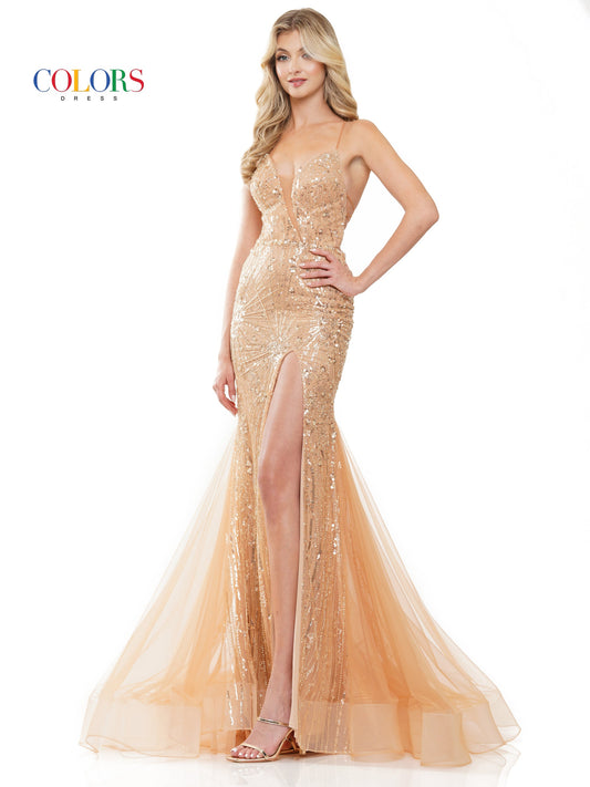 Colors 3123 Long Formal Slit Spaghetti Strap Prom Dress