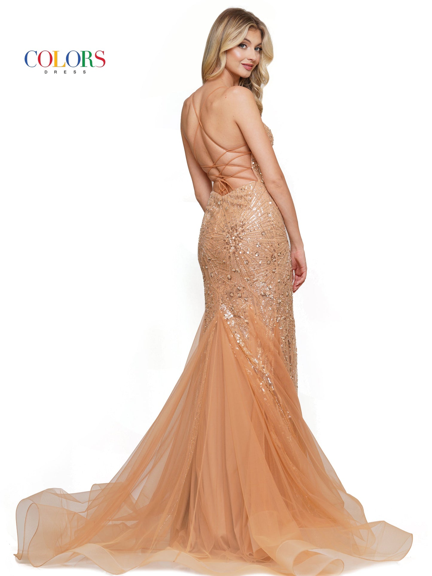 Colors 3123 Long Formal Slit Spaghetti Strap Prom Dress