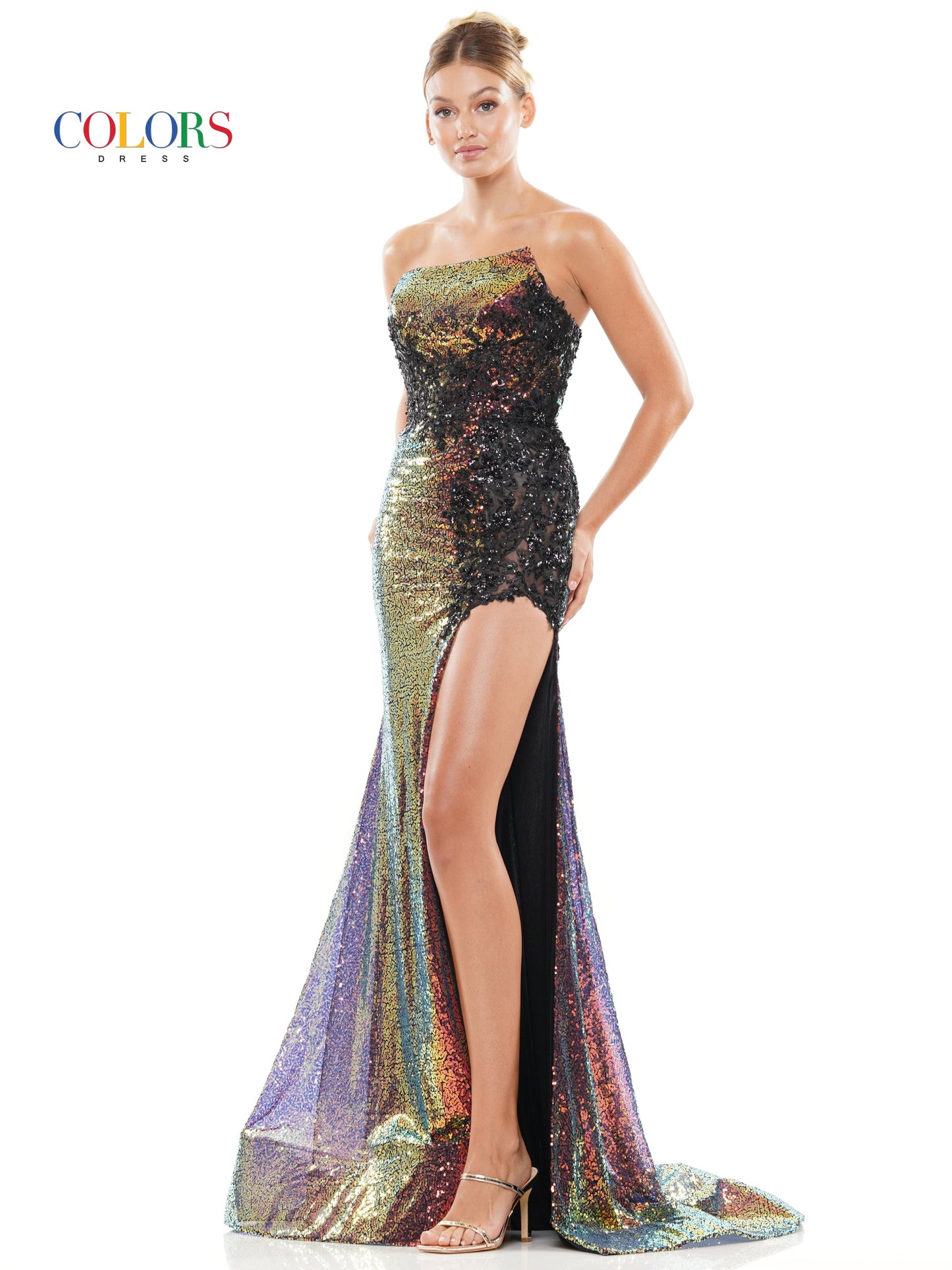 Colors 3129 Long Strapless Fitted Sequin Prom Dress