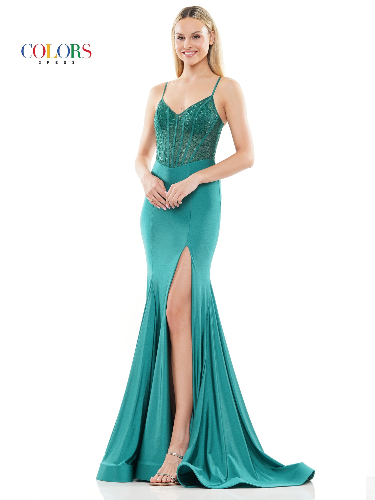 Colors 3131 Long Spaghetti Strap Beaded Prom Dress