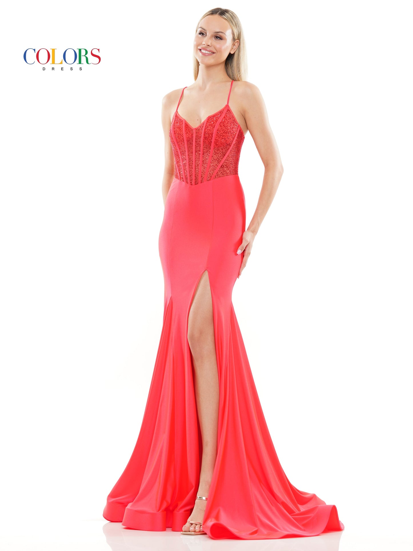 Colors 3131 Long Spaghetti Strap Beaded Prom Dress