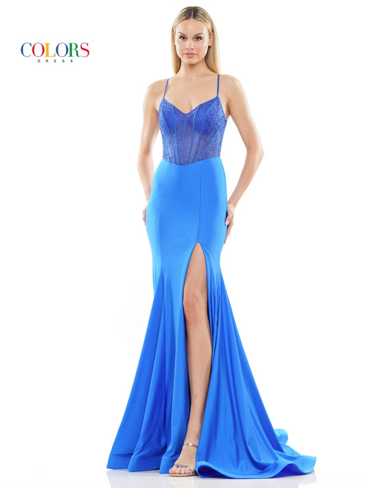 Colors 3131 Long Spaghetti Strap Beaded Prom Dress