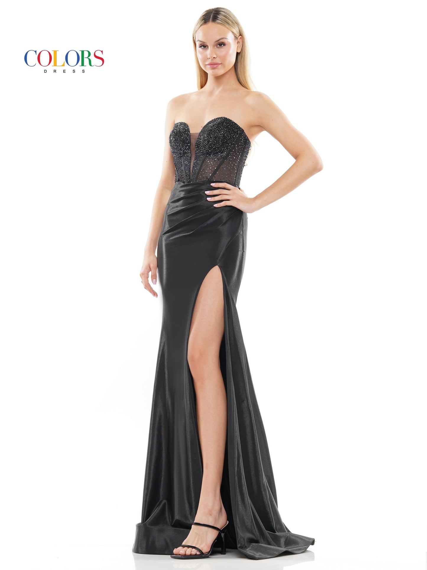 Colors 3138 Long Strapless Metallic Prom Dress