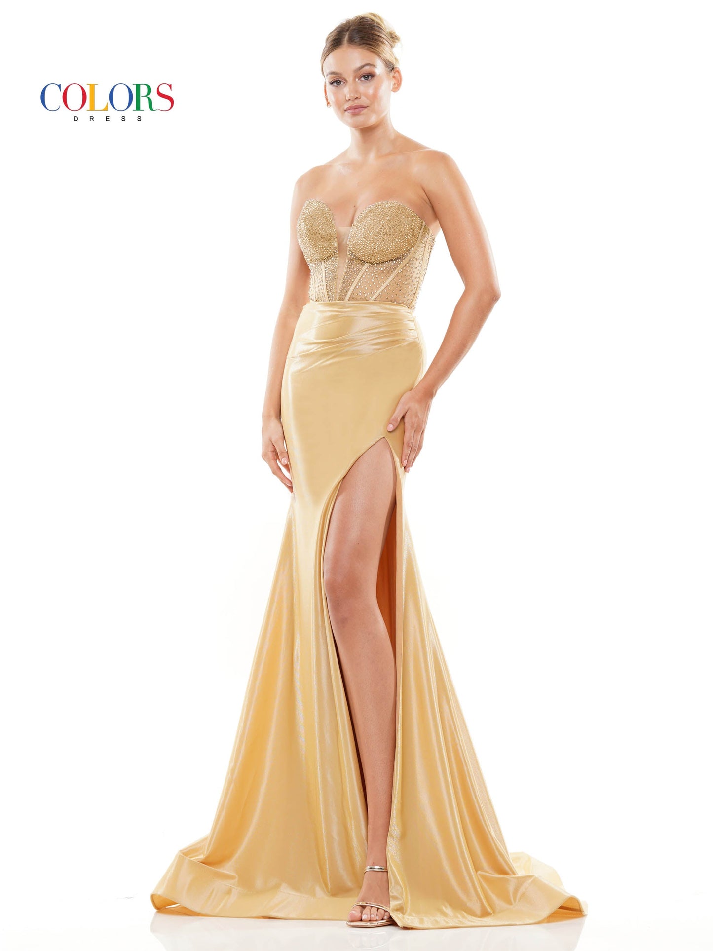Colors 3138 Long Strapless Metallic Prom Dress