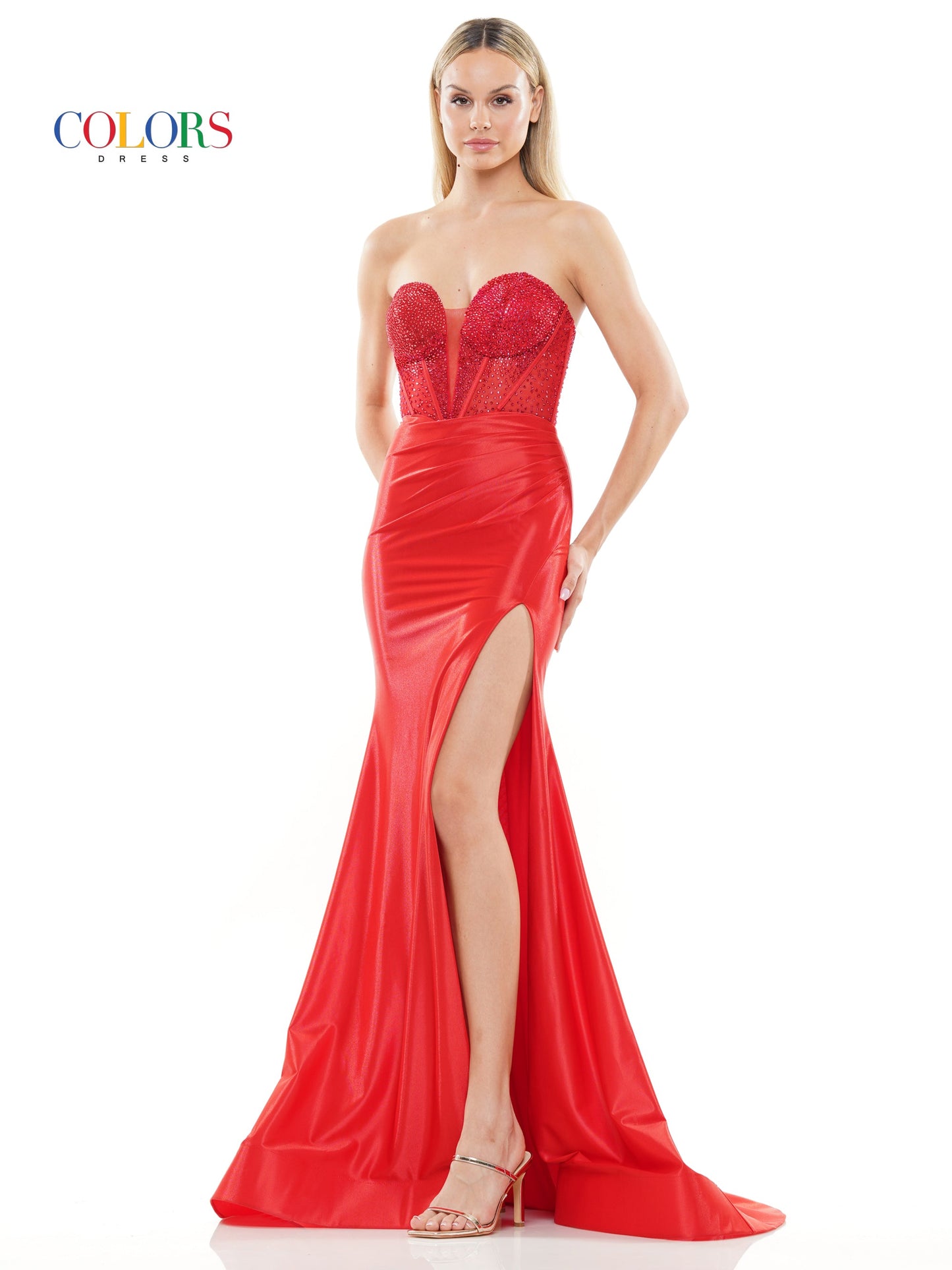 Colors 3138 Long Strapless Metallic Prom Dress