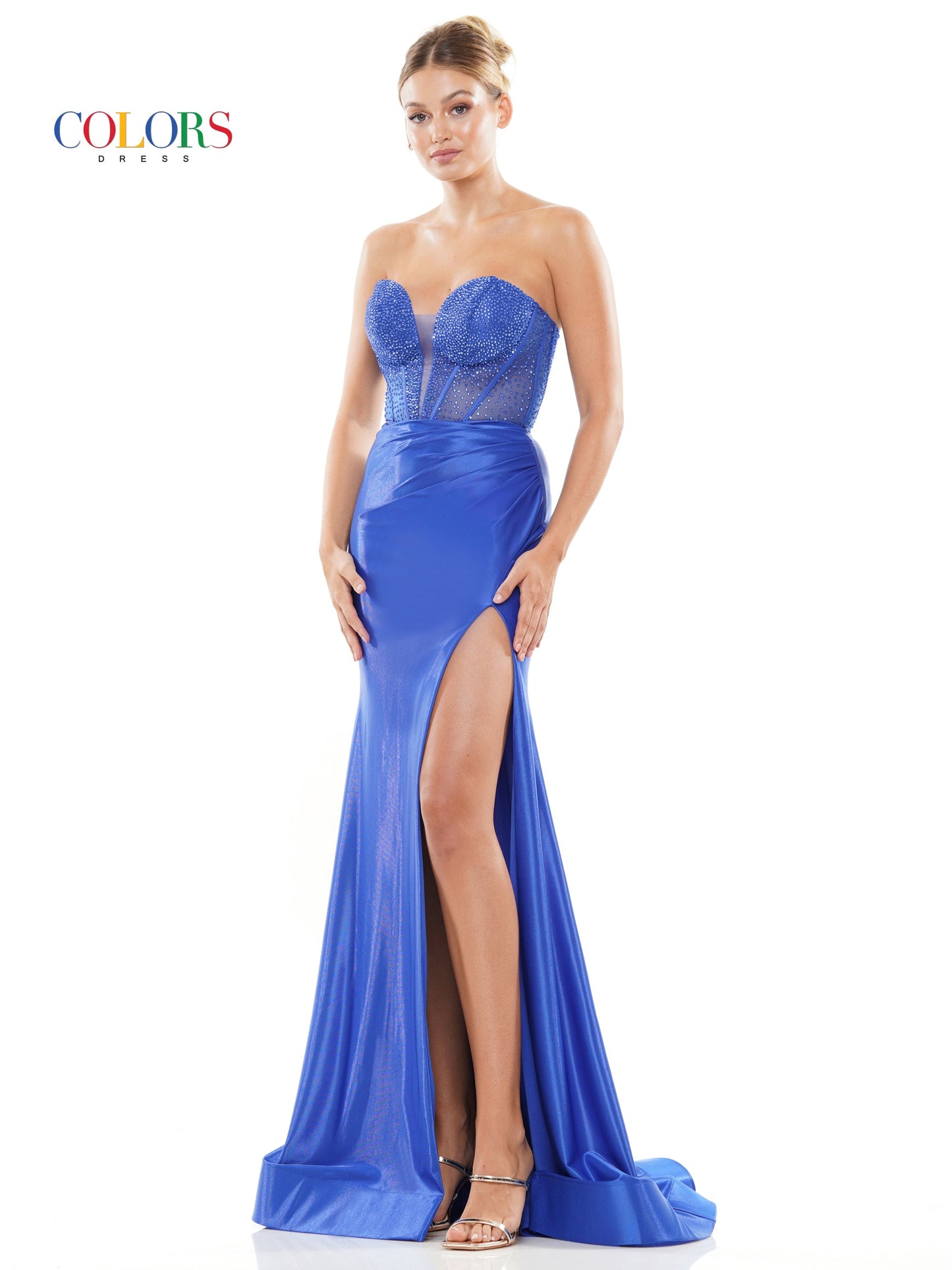 Colors 3138 Long Strapless Metallic Prom Dress