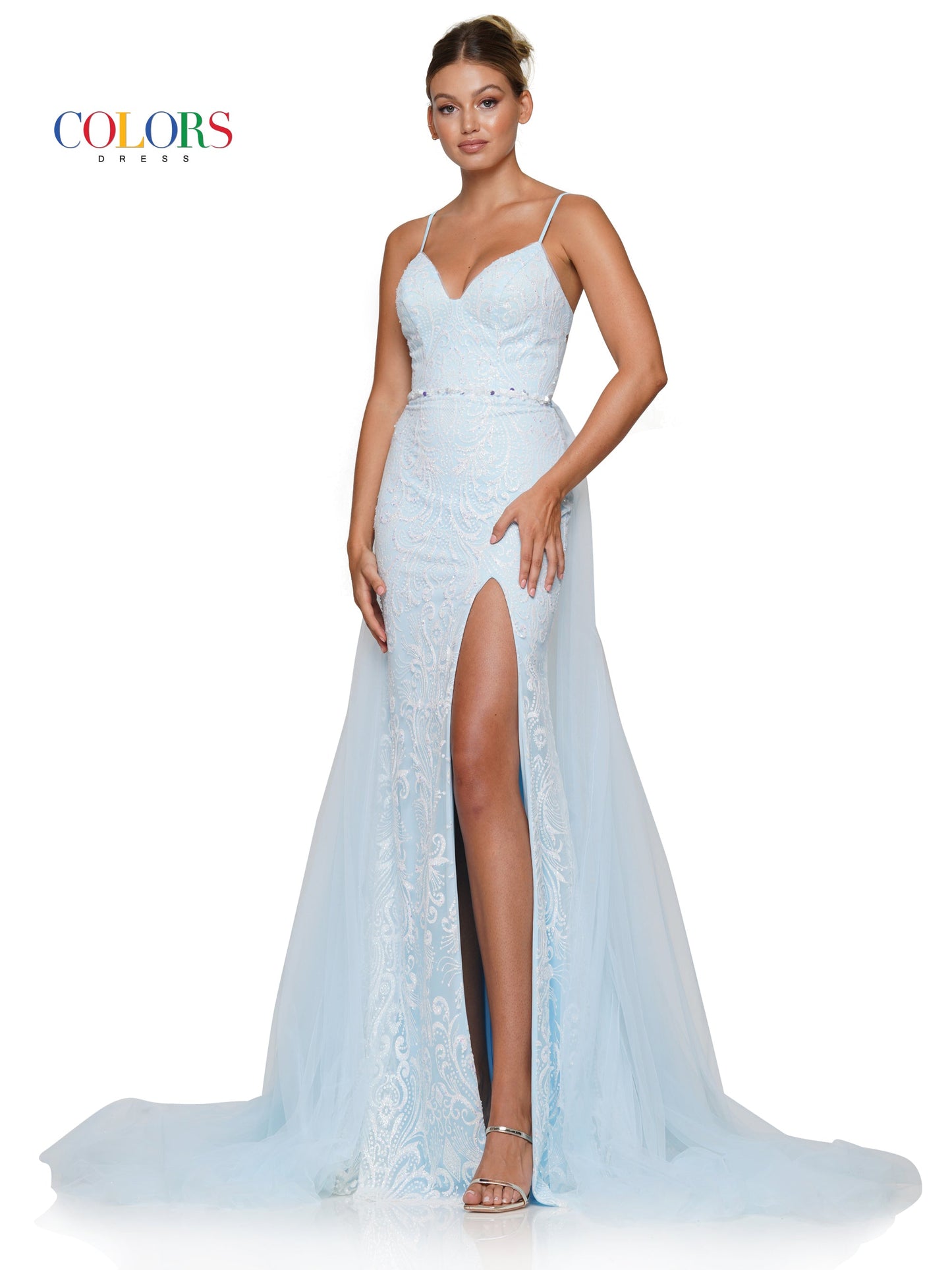 Colors 3140 Long Formal Glitter Mesh Prom Dress