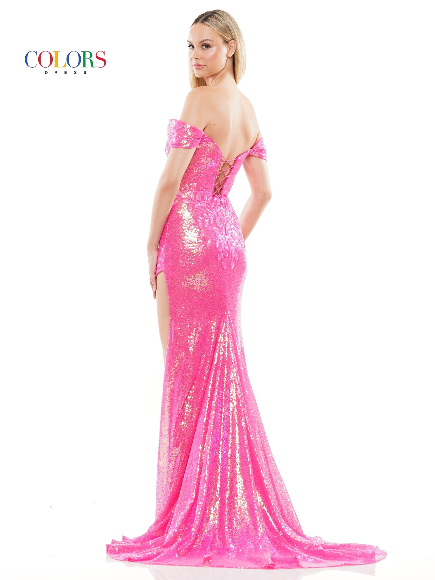Colors 3144 Long Off Shoulder Sequin Fitted Prom Dress
